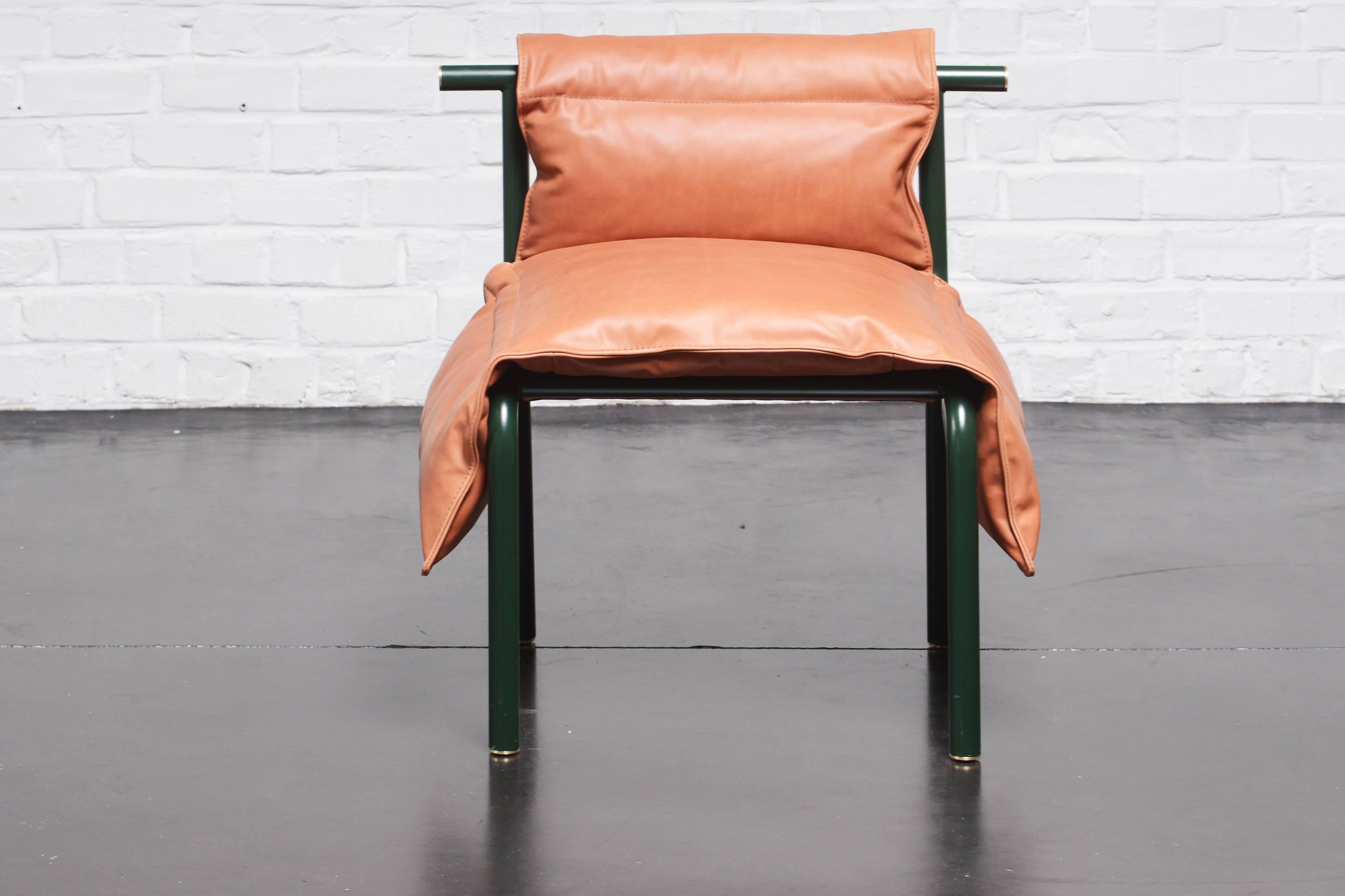 S48 Rio Chair Contemporary Rio Chair in Green Iron with Leather Seat and Brass ...