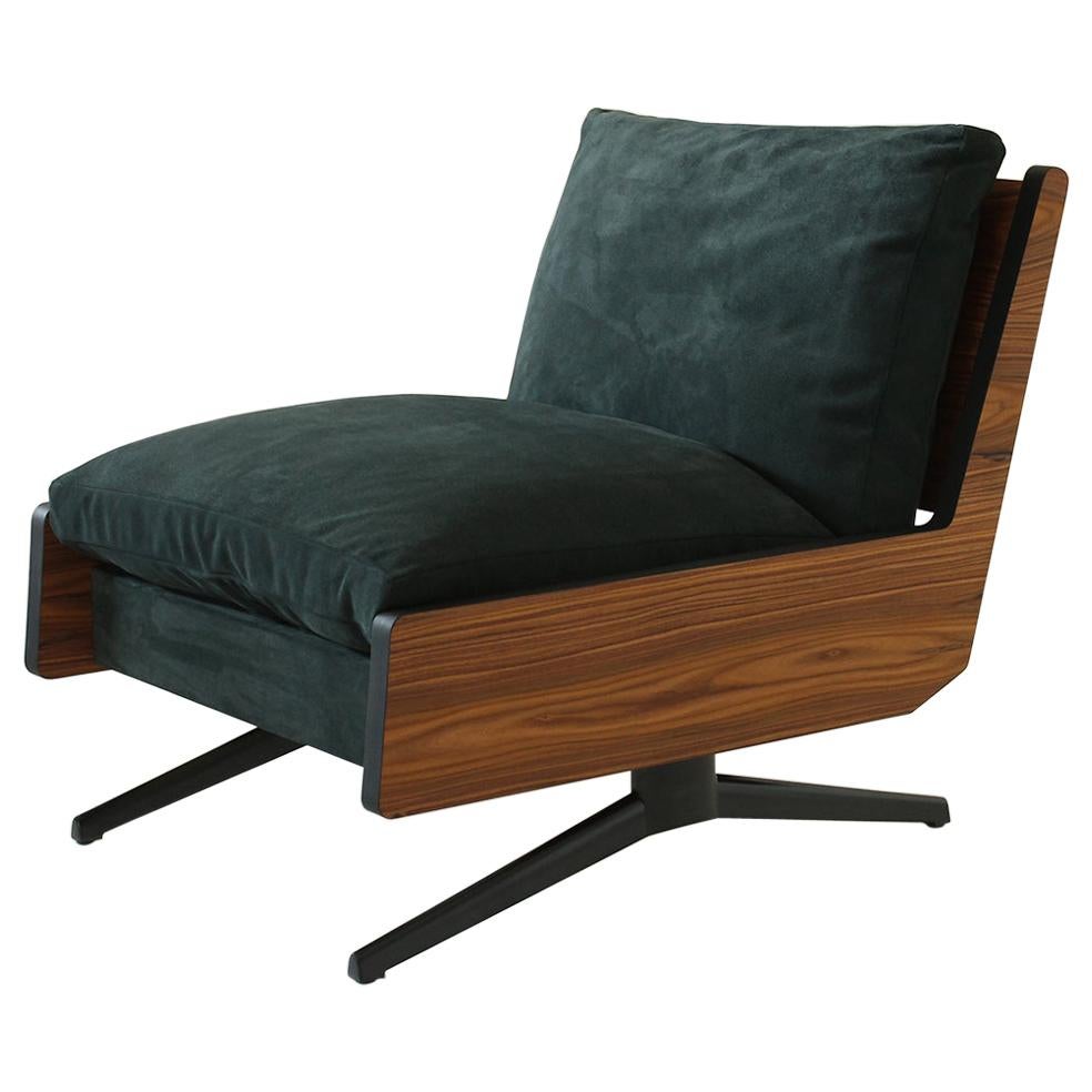 Rio, Comfortable Armchair with Rosewood Structure and Suede Cushions For Sale