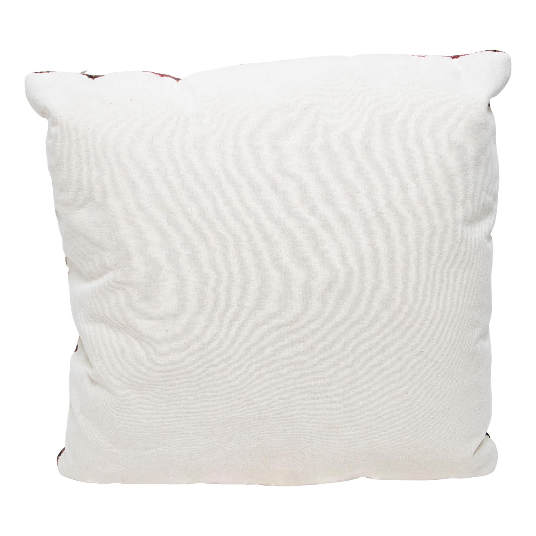 Rio Granda weaving pillow. Handmade pillow with front made of Rio Grande 1880's weaving. Backed with canvas. Featuring a tight weave and natural dyed colors of brown, red, pink, yellow, blue, and green. Size: 17