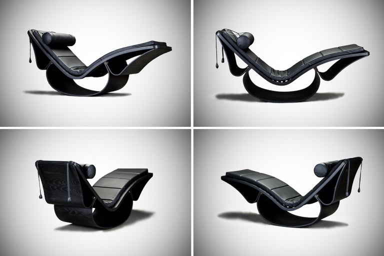 This 'Rio' sculptural rocking chaise lounge by Oscar Niemeyer for Fasem International was originally designed in 1978 and produced through this day by the same Italian maker. Featuring a sculptural frame crafted from open pore black varnished ash