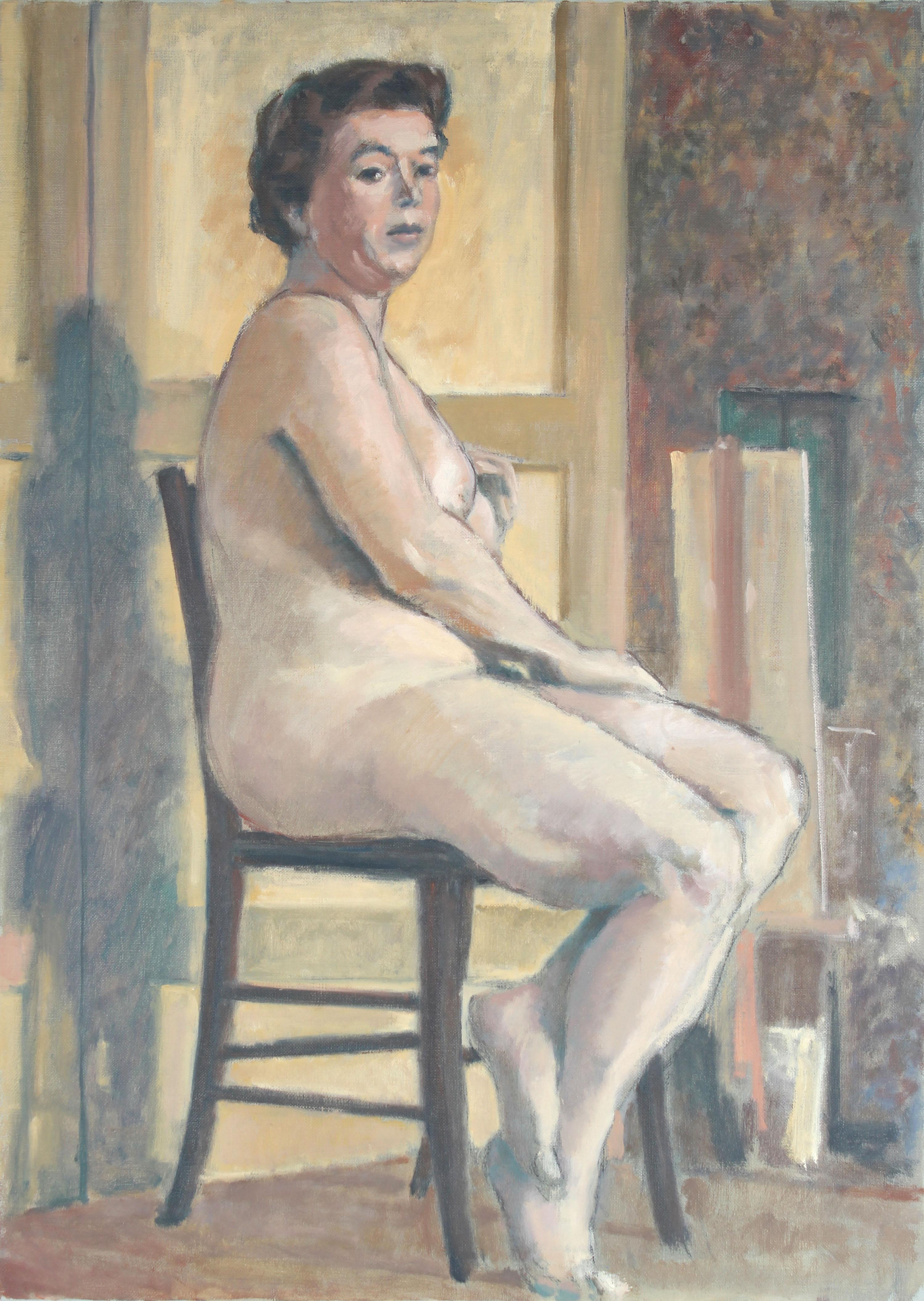Rip Matteson Figurative Painting - 1950's Oil Painting of Female Nude Seated 