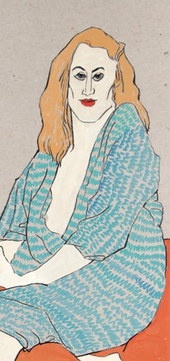 90's Female with Robe Seated on Pillow in Gouache and Graphite