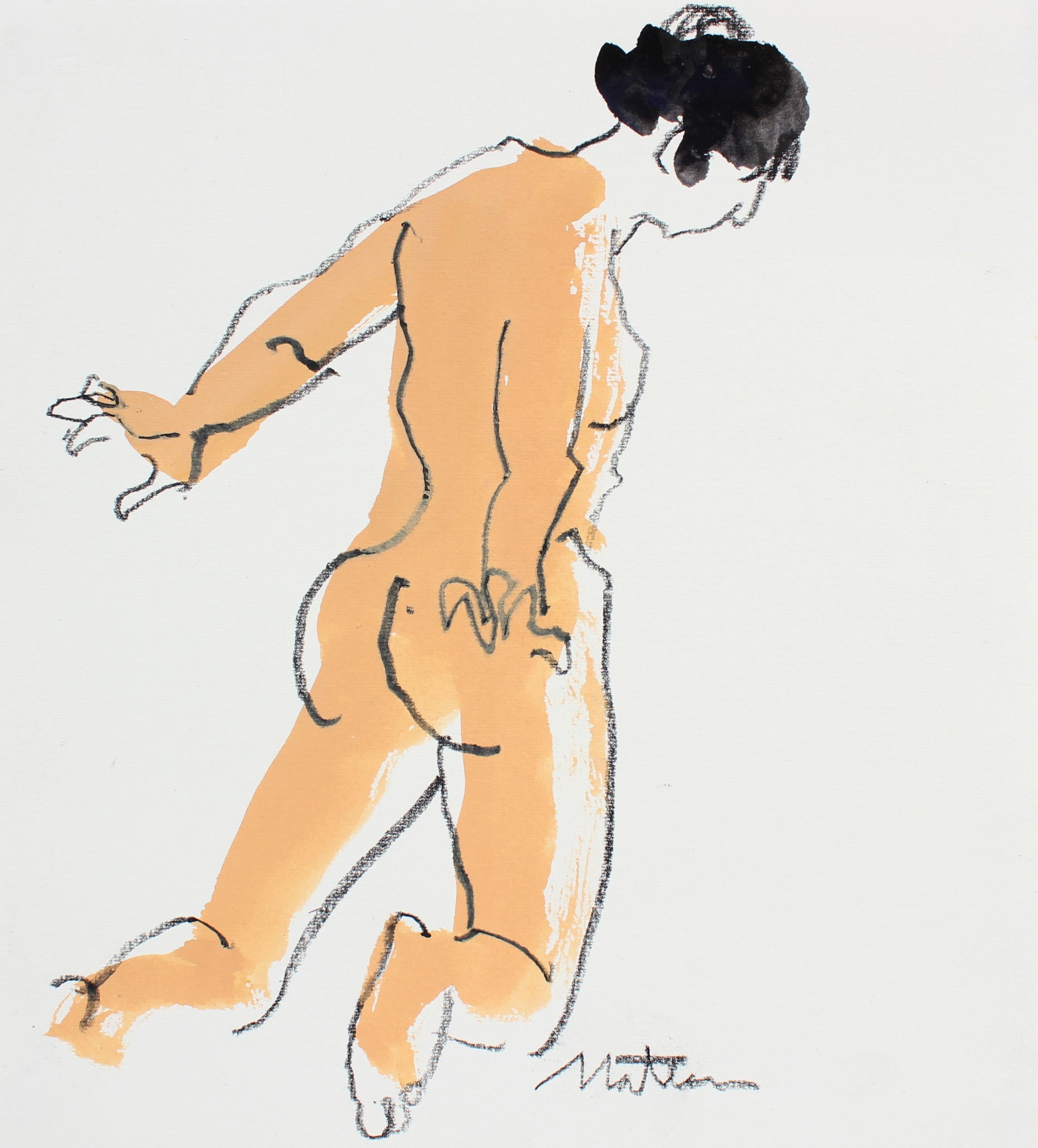 Rip Matteson Nude Painting - Carefree Kneeling Nude Study 20th Century Ink & Gouache
