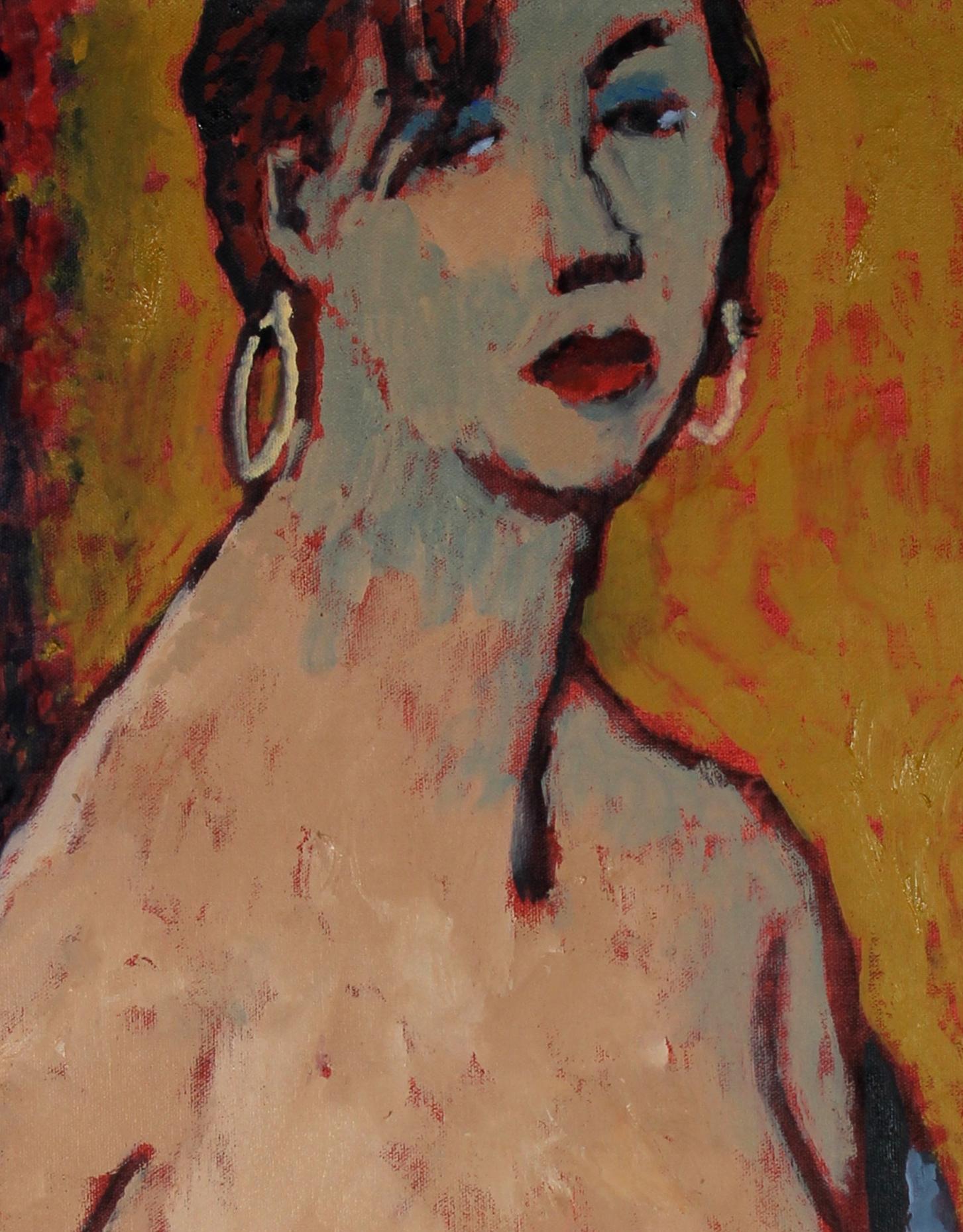 Colorful Female Nude with Earrings Oil on Canvas with Green Mustard Yellow Blue - Painting by Rip Matteson
