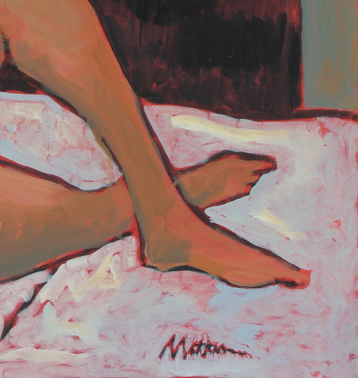 Female Figure in Bed, Oil on Canvas Painting, Late 20th Century - Brown Nude Painting by Rip Matteson