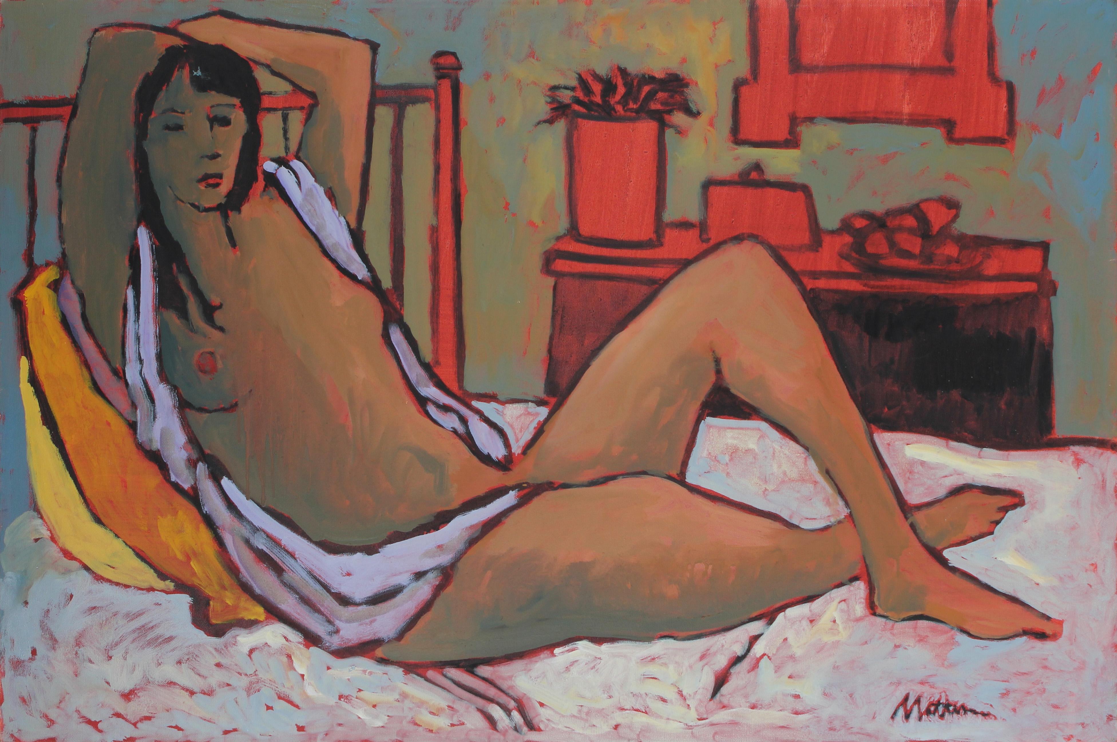 Rip Matteson Nude Painting - Female Figure in Bed, Oil on Canvas Painting, Late 20th Century