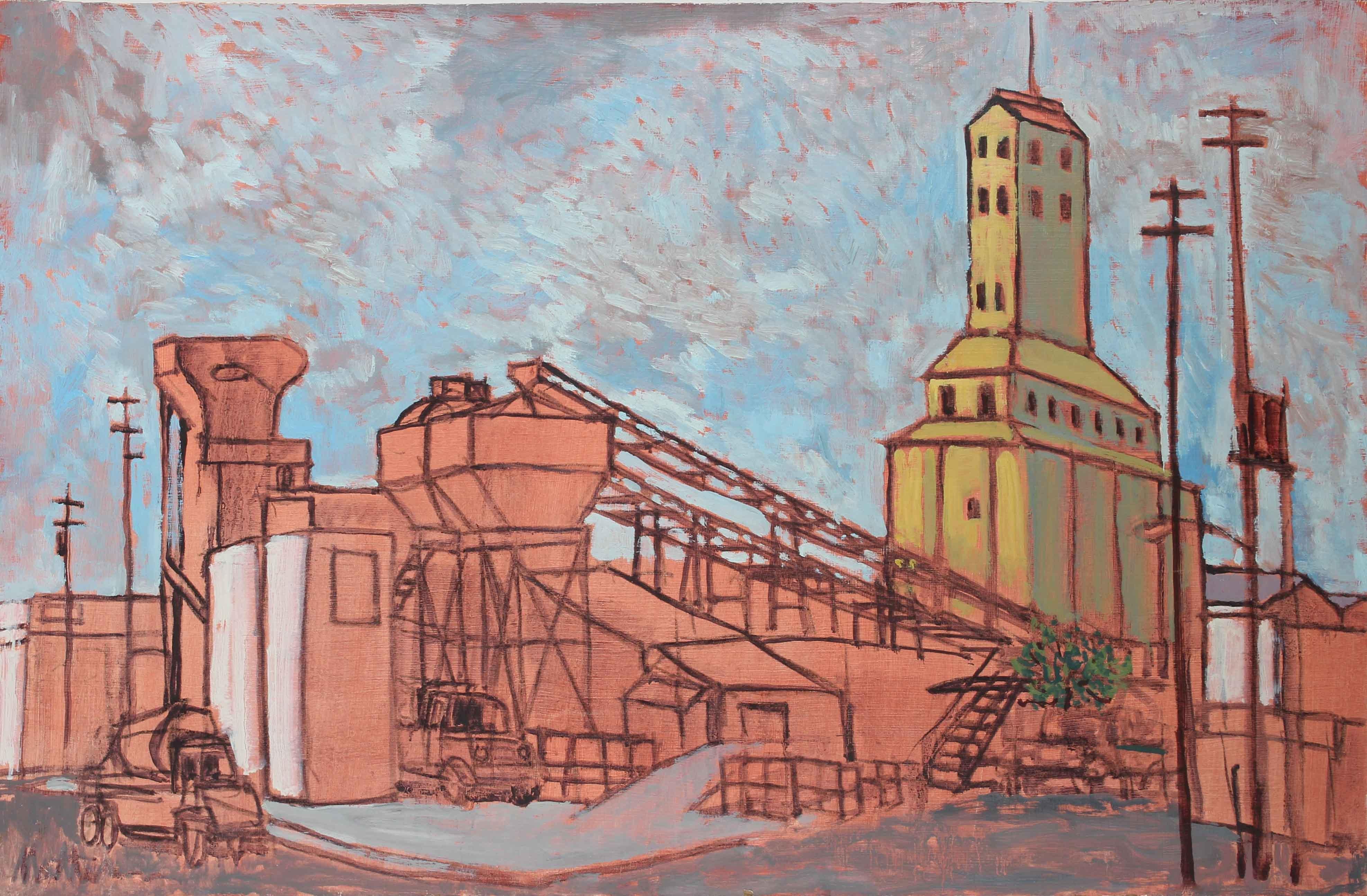 Industrial Landscape, Oil on Masonite Painting, Late 20th Century