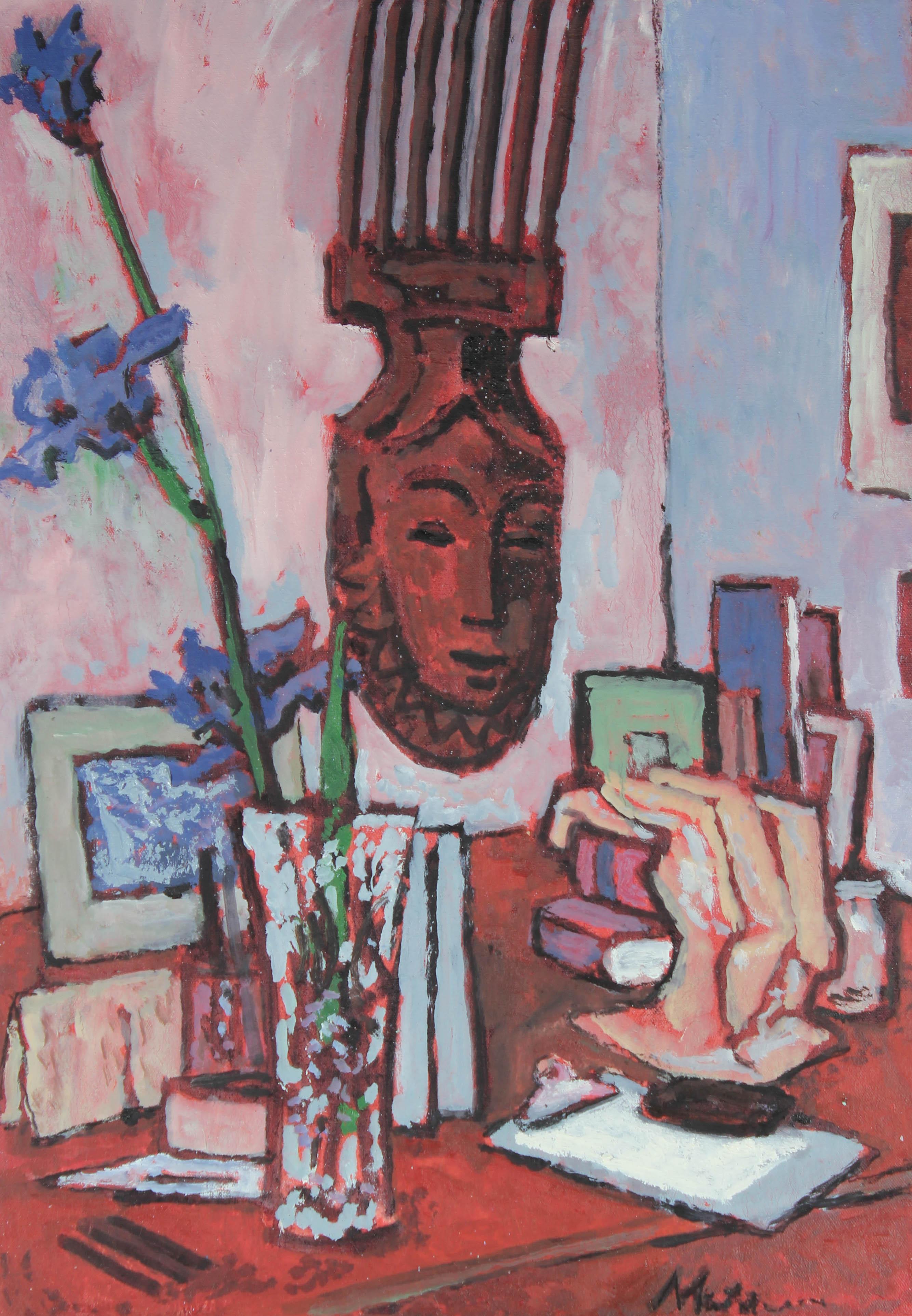 Rip Matteson Still-Life Painting - "Iris in Clutter" Modernist Still Life