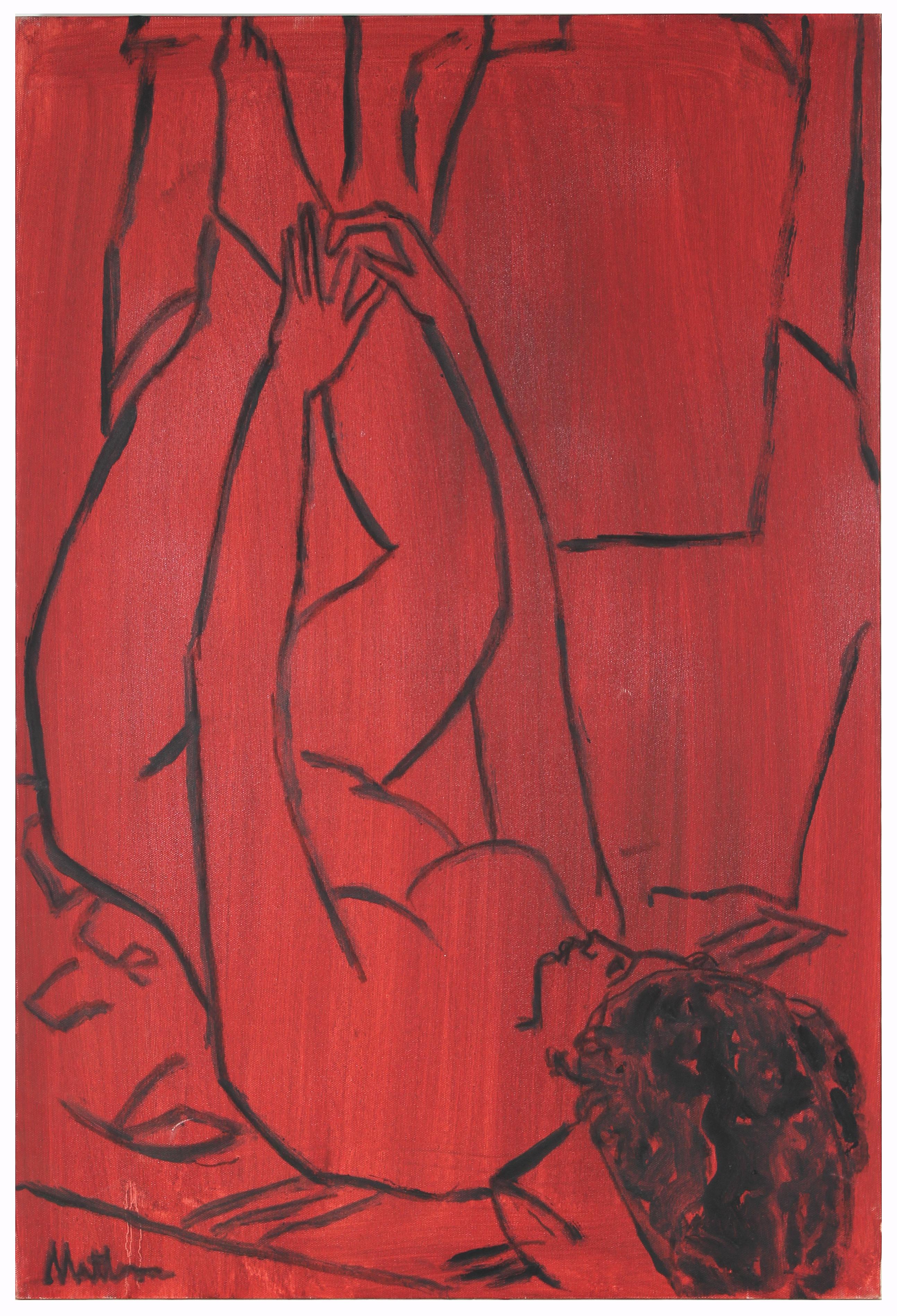 Rip Matteson Nude Painting - Modernist Female Nude Figure in Red, Oil Painting on Canvas, Late 20th Century