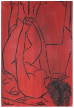 Modernist Female Nude Figure in Red, Oil Painting on Canvas, Late 20th Century
