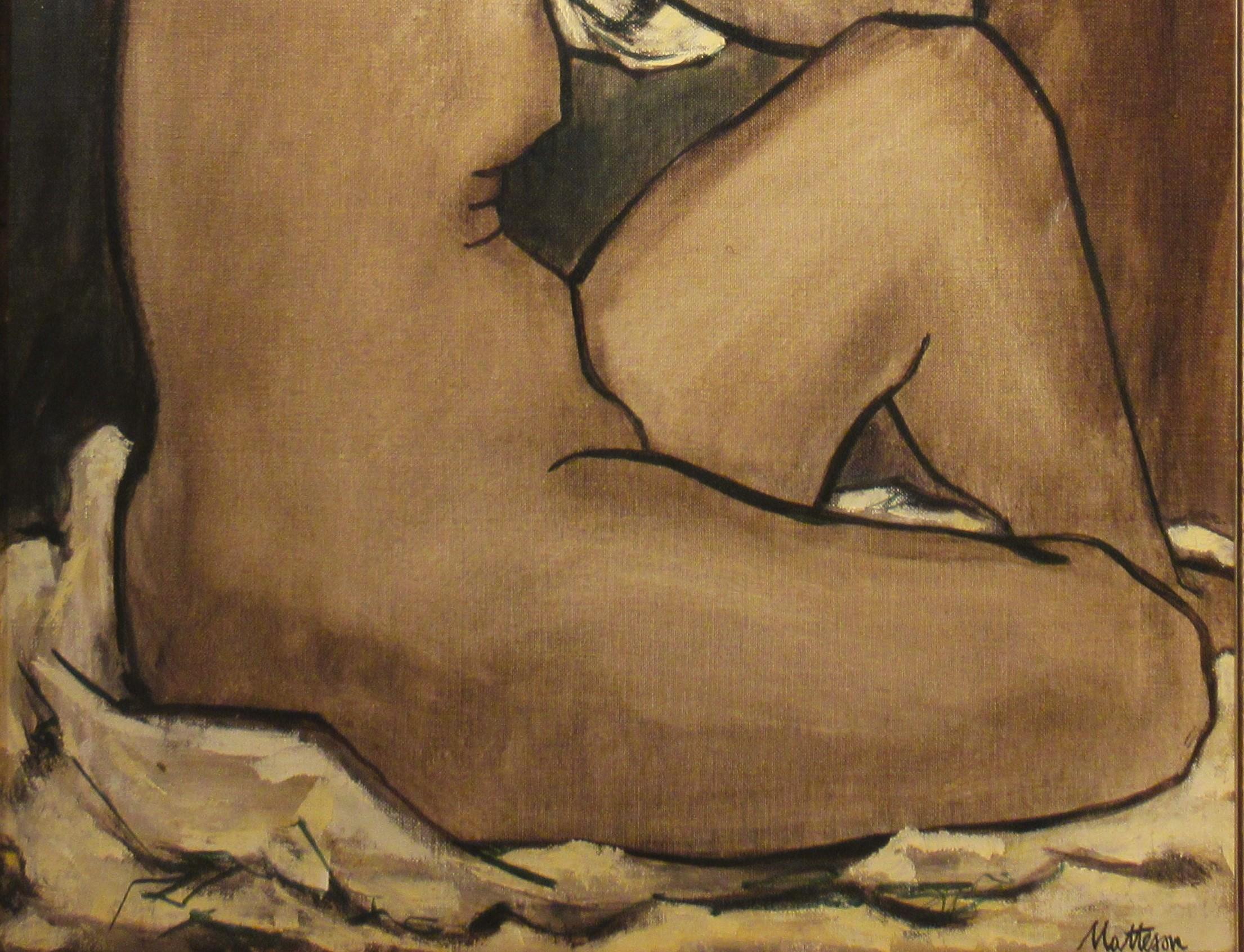 Nude Drying Her Hair - Brown Figurative Painting by Rip Matteson