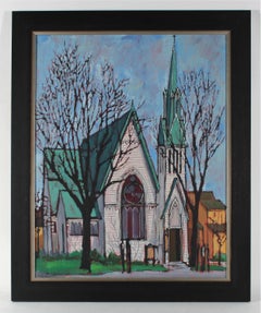 "Oakland" Cityscape with Church, Oil Painting, 1968
