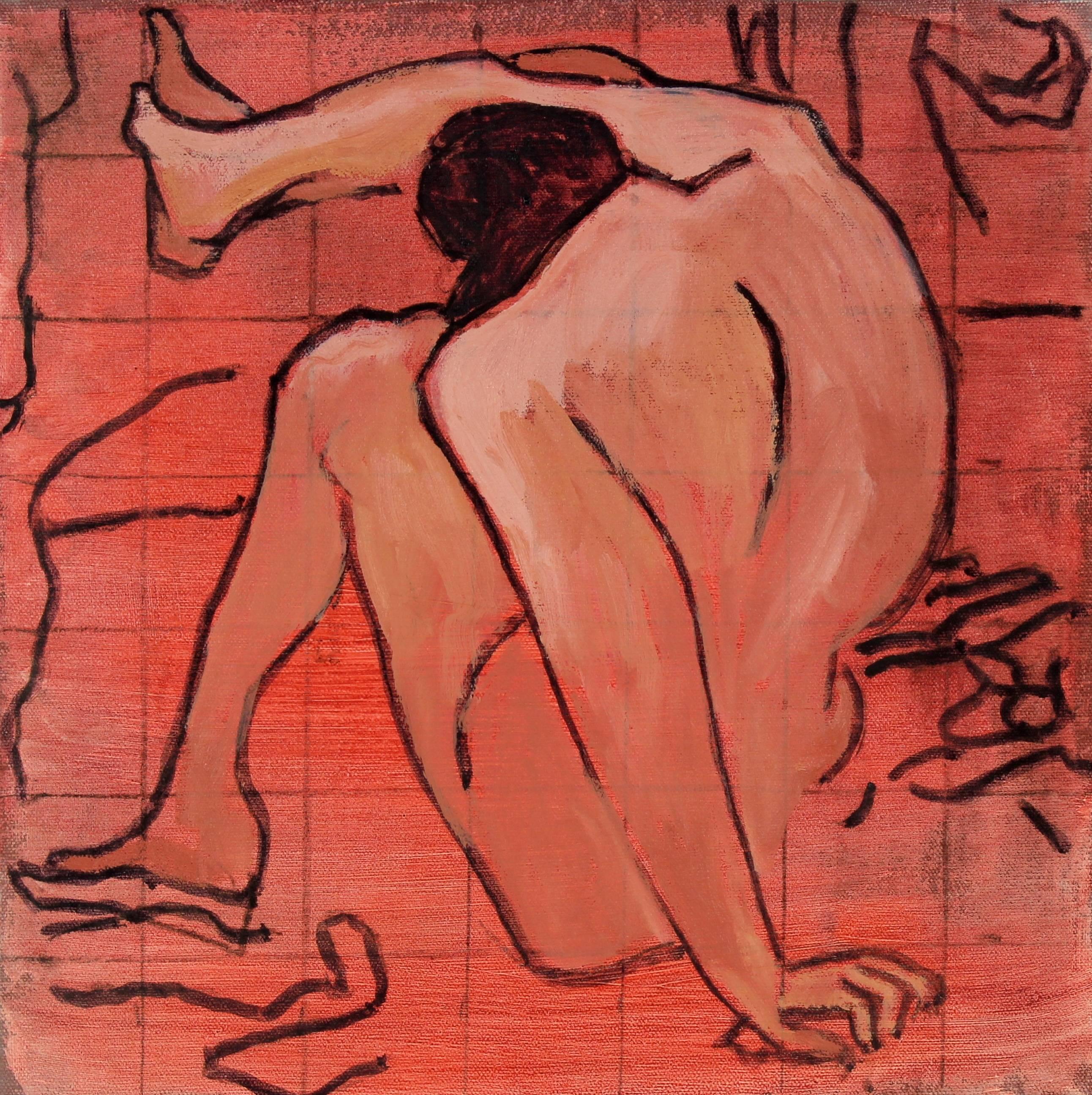 This late 20th century oil on canvas female figure with red and pink is by Oakland artist Rip Matteson (1920-2011). Matteson studied at U.C. Berkeley, California College of the Arts in San Francisco, Scuola di Belle Arte in Rome, the Parsons School