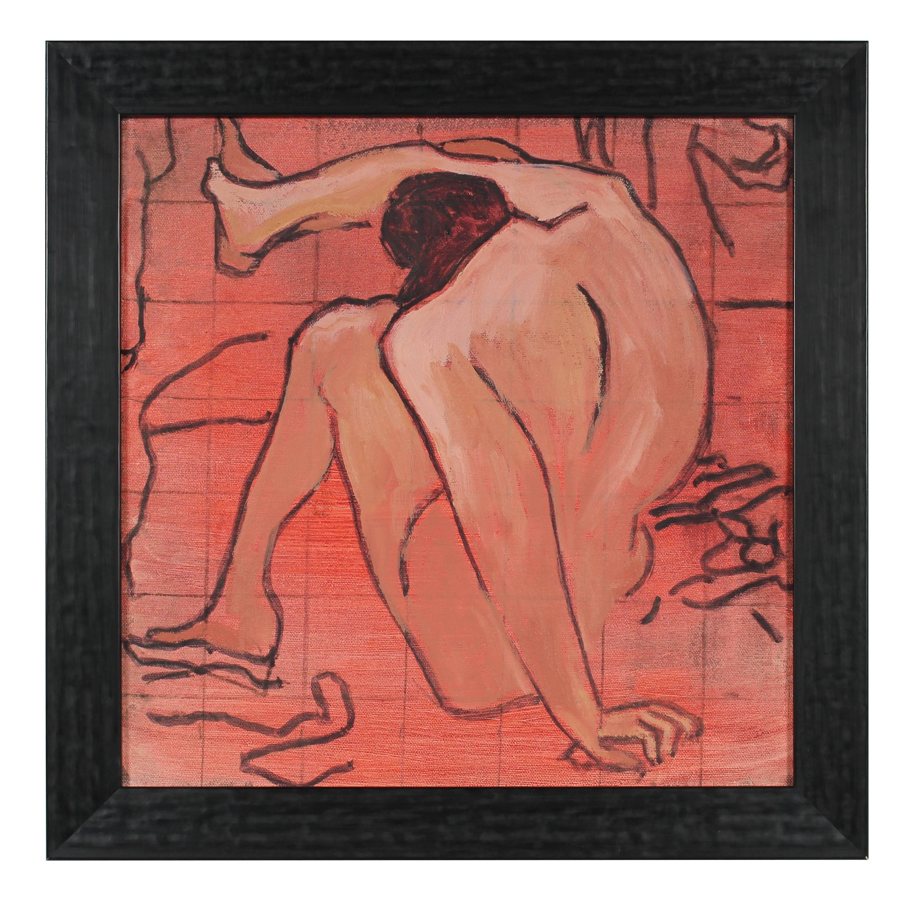 Rip Matteson Nude Painting - Seated Modernist Pink and Red Figure, Oil Painting, Late 20th Century