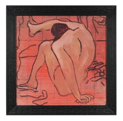 Seated Modernist Pink and Red Figure, Oil Painting, Late 20th Century