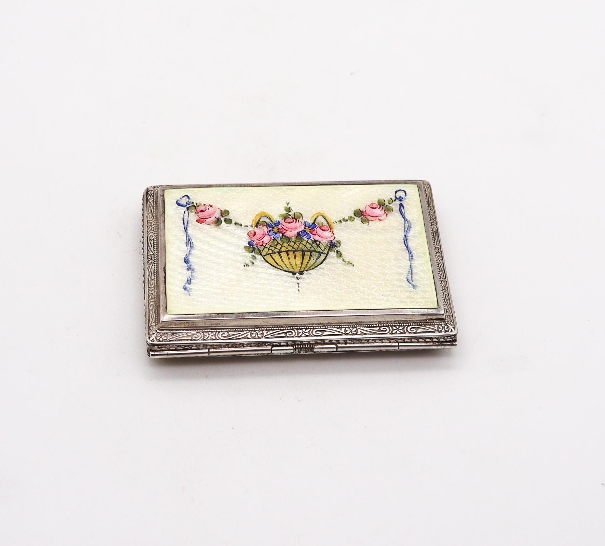 Art deco case designed by Ripley & Gowan Company.

Beautiful early 20th century enamel box, created by the Ripley & Gowan Company circa 1920. This beautiful art deco box was carefully crafted with impeccable details in solid .925/.999 standard