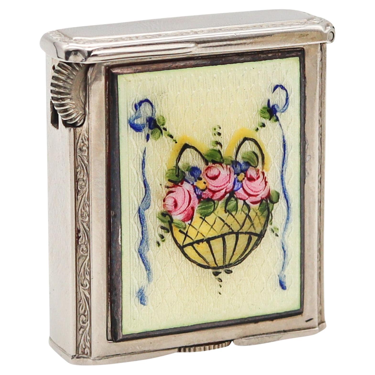 RIPLEY 
GOWAN 1920 Art Deco Guilloche Enamel Lighter In .925 Sterling Silver