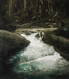 Cascade 2-Waterscape, Landscape, Watercolor, Paper, Painting, Green, Blue, Brown