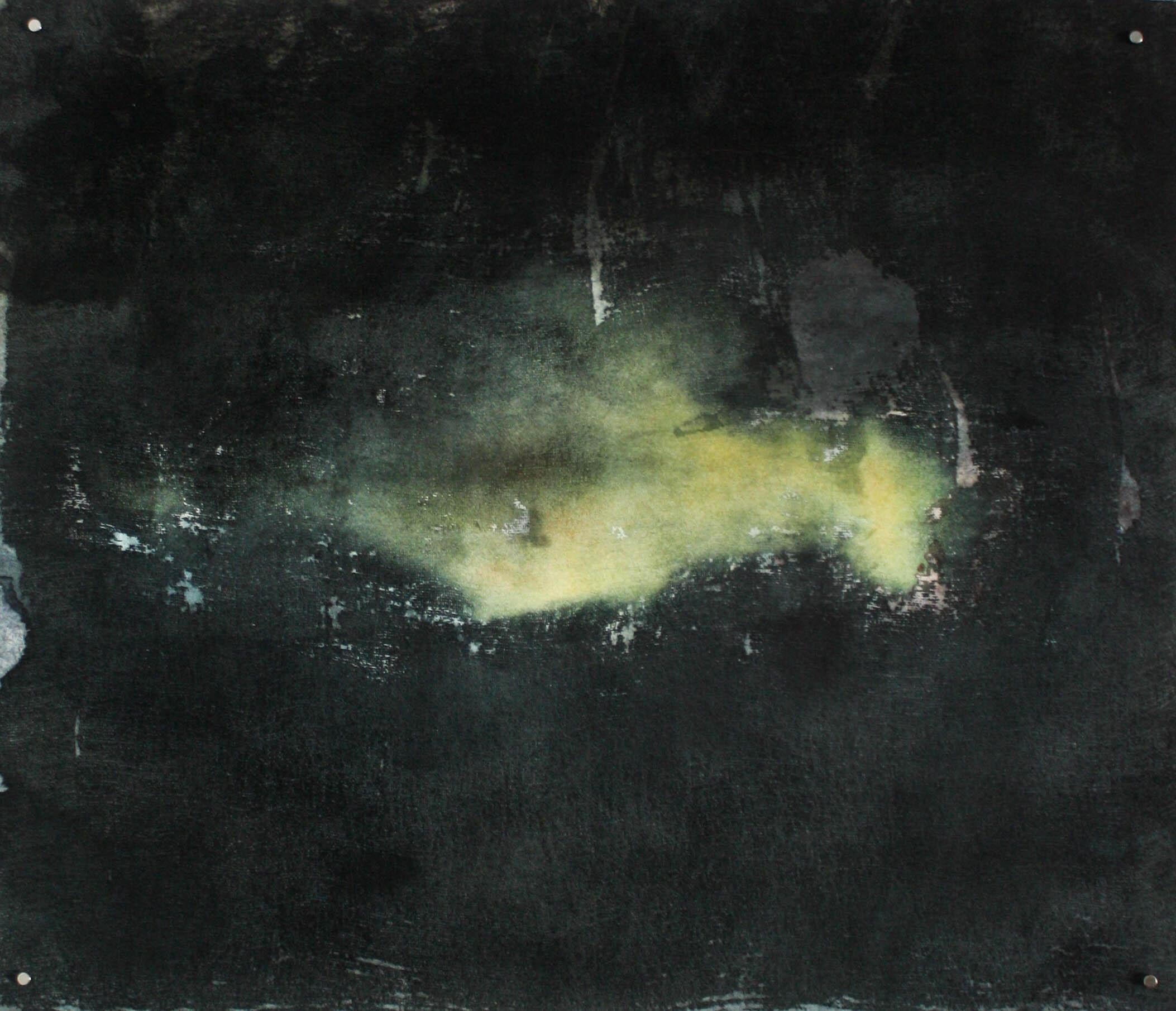 Ripley Whiteside Landscape Painting - Super Fog- Paper, Watercolor, Black, Green, Yellow, Painting, Abstract, Fire