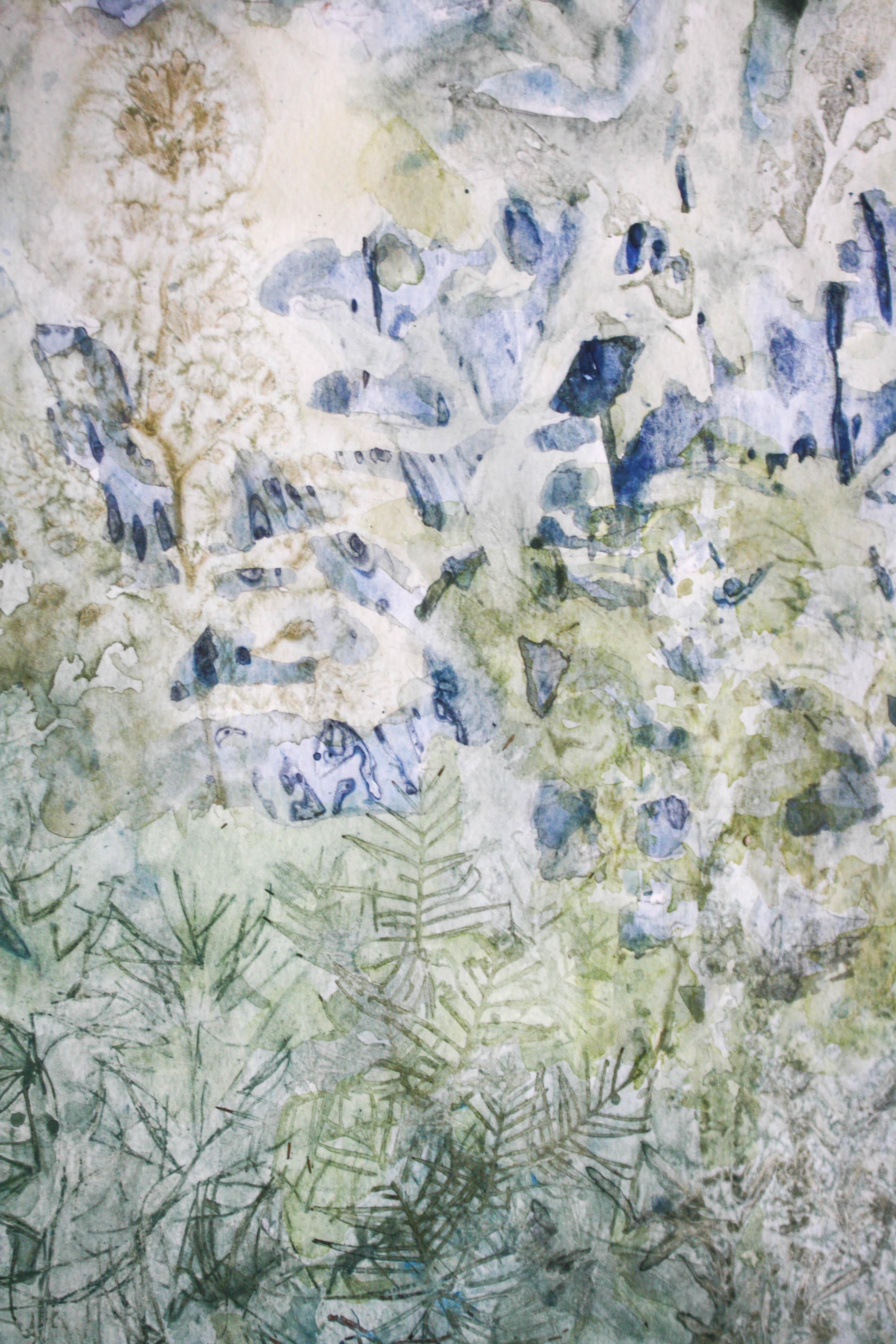 Transpiration 3- Blue, Green, Watercolor, Painting, Landscape, Natural, Leaves - Gray Landscape Painting by Ripley Whiteside