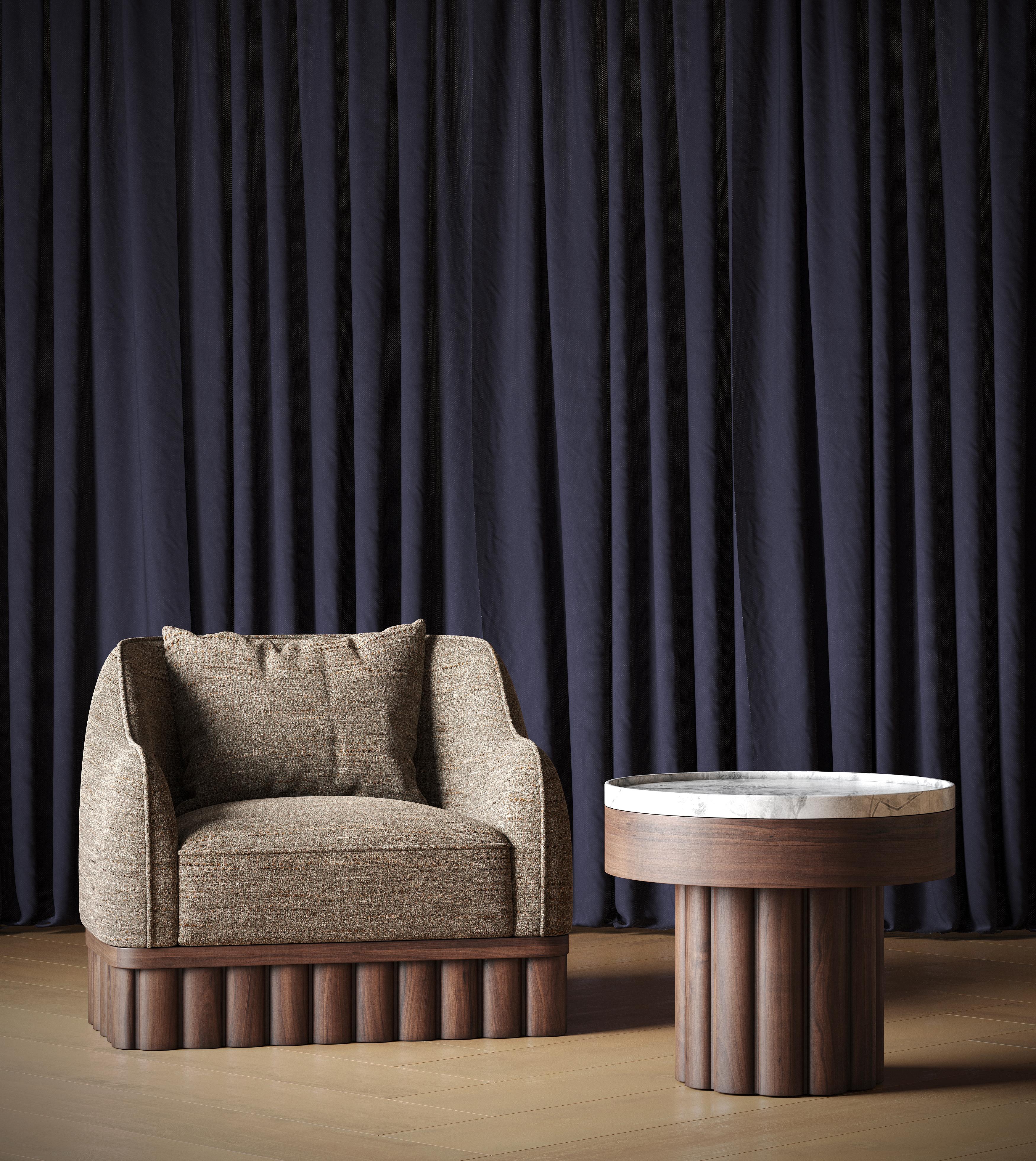 Contemporary Ripple Armchair – Curved Silhouette with Sculptural Carved Wood Base For Sale