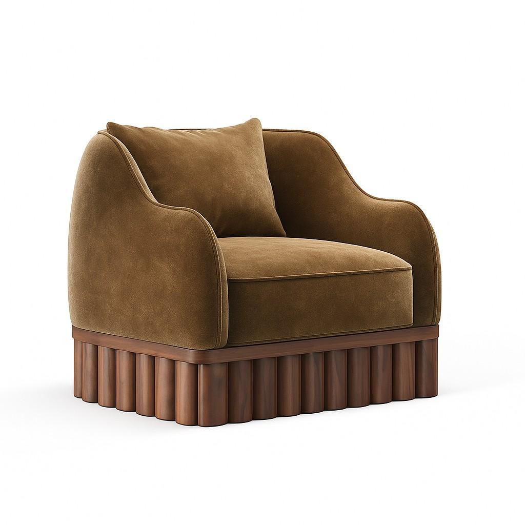 Portuguese Ripple Armchair – Curved Silhouette with Sculptural Carved Wood Base For Sale