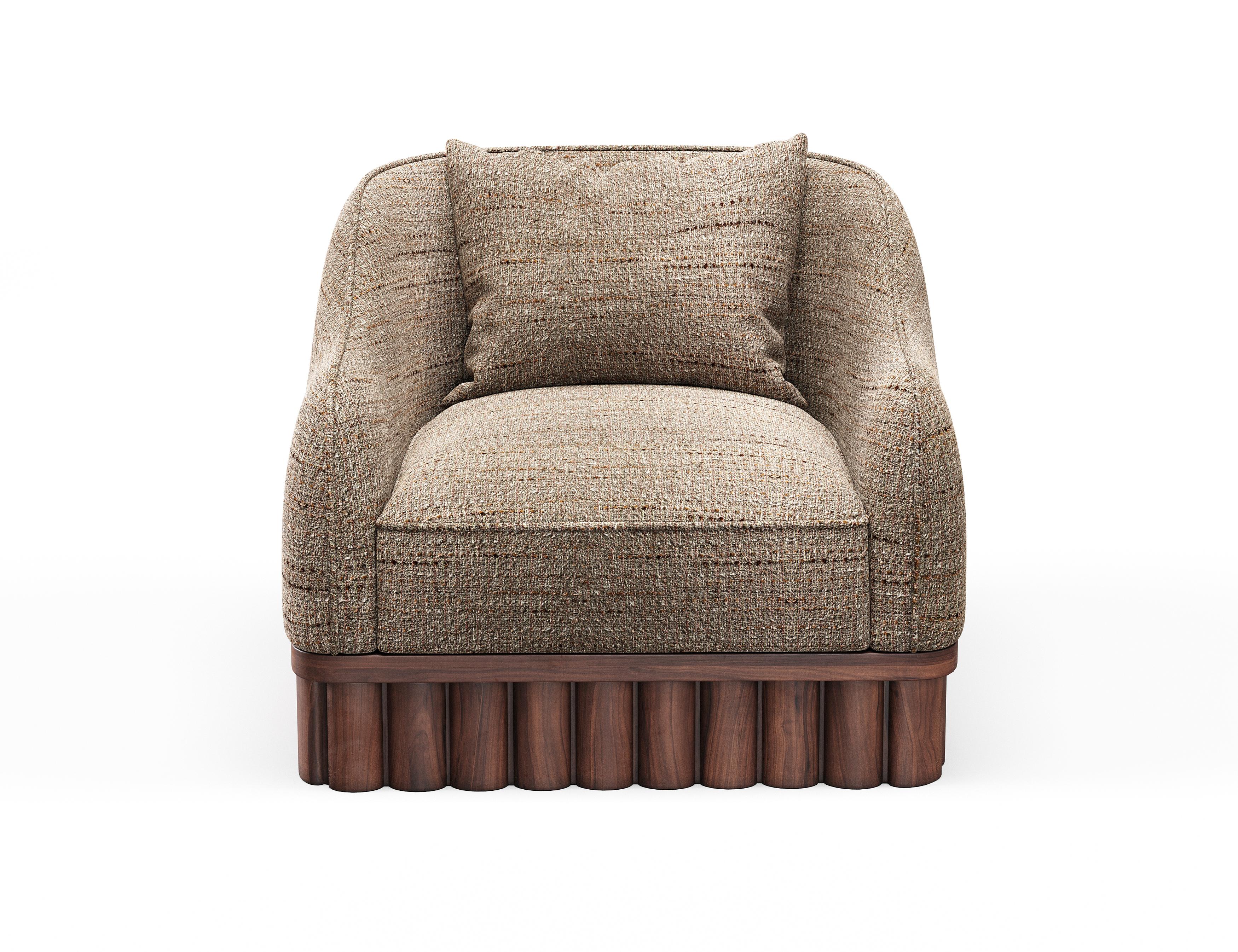 Modern Ripple Armchair – Curved Silhouette with Sculptural Carved Wood Base For Sale