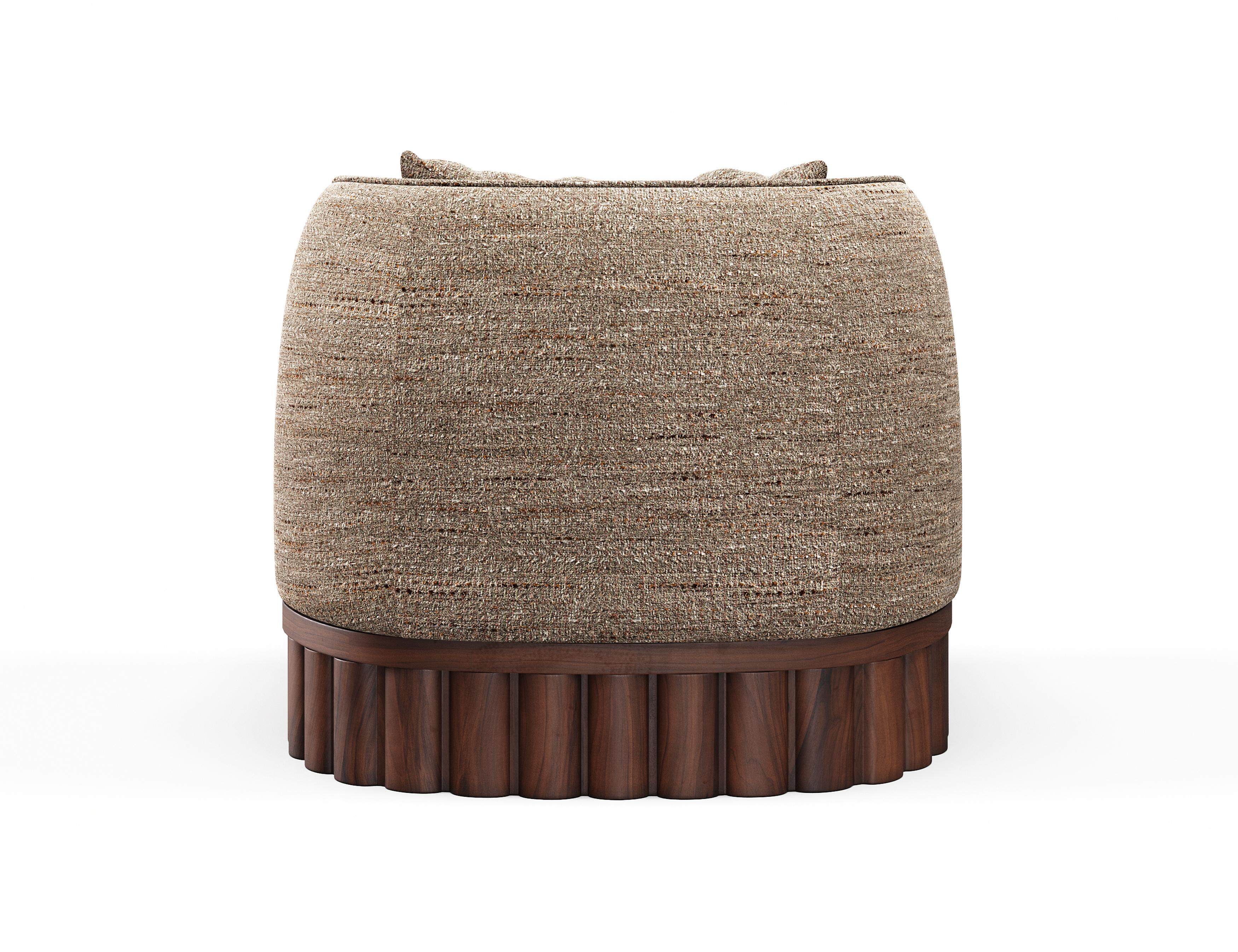 Hand-Crafted Ripple Armchair – Curved Silhouette with Sculptural Carved Wood Base For Sale