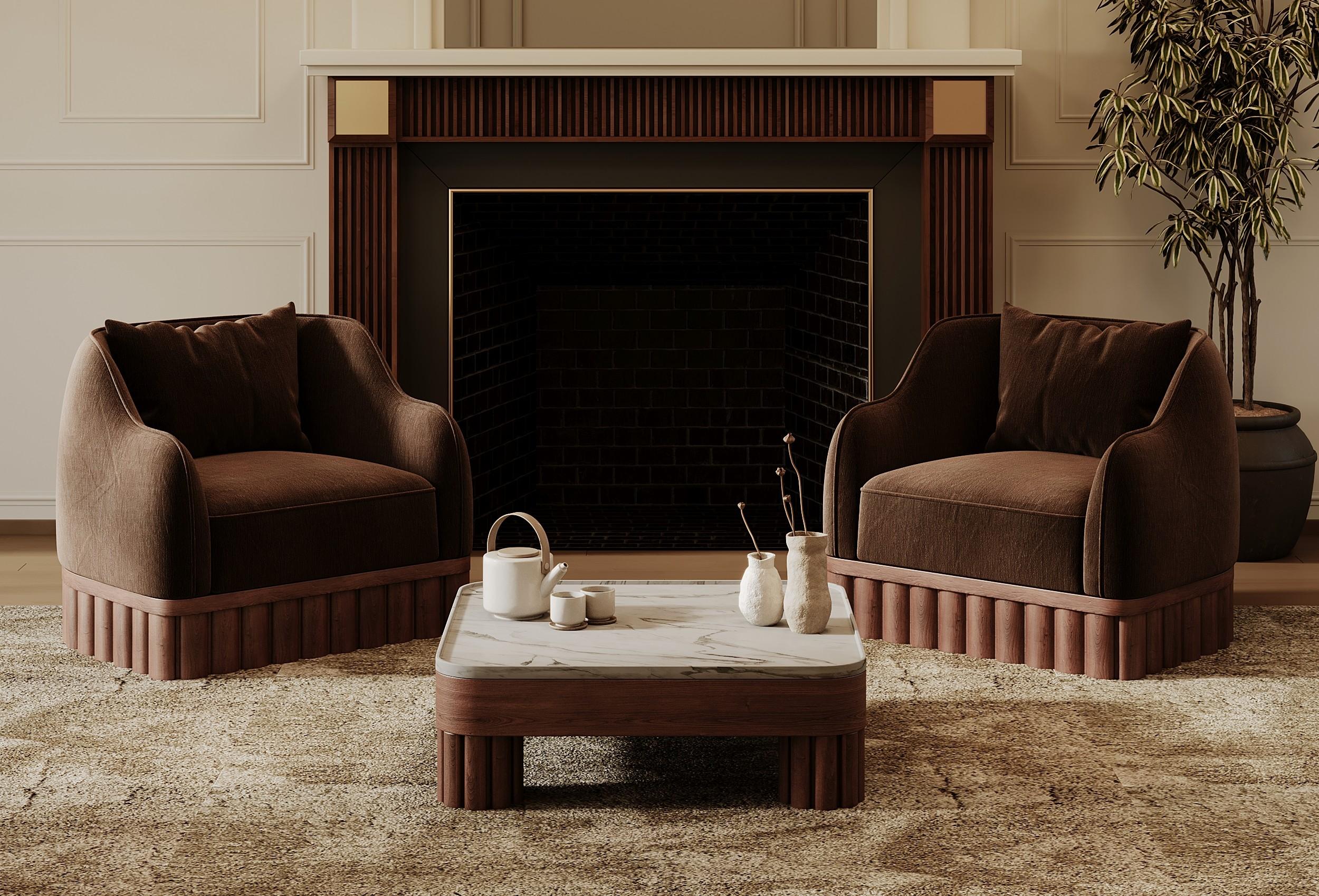Ripple Armchair – Curved Silhouette with Sculptural Carved Wood Base For Sale 2