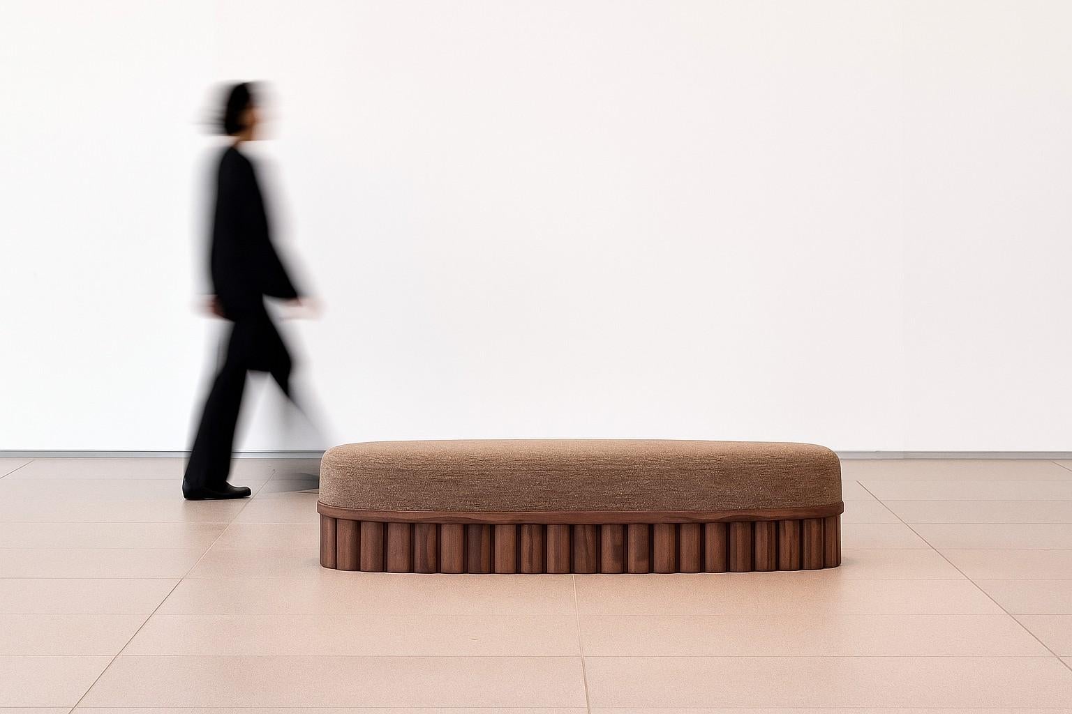 Contemporary Ripple Bench – Pill Shaped Silhouette with Sculptural Carved Wood Base For Sale