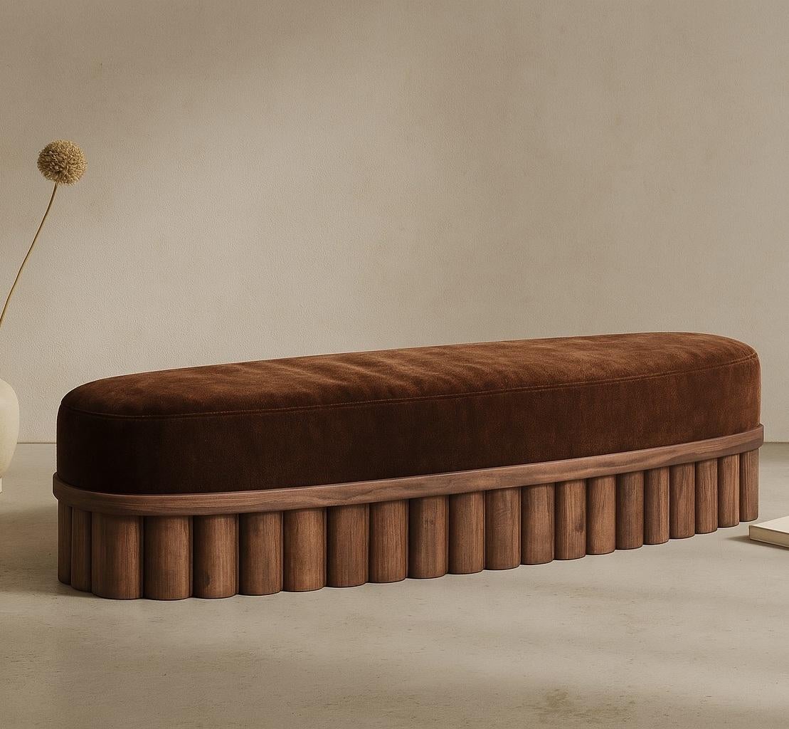 Ripple Bench – Pill Shaped Silhouette with Sculptural Carved Wood Base For Sale 1