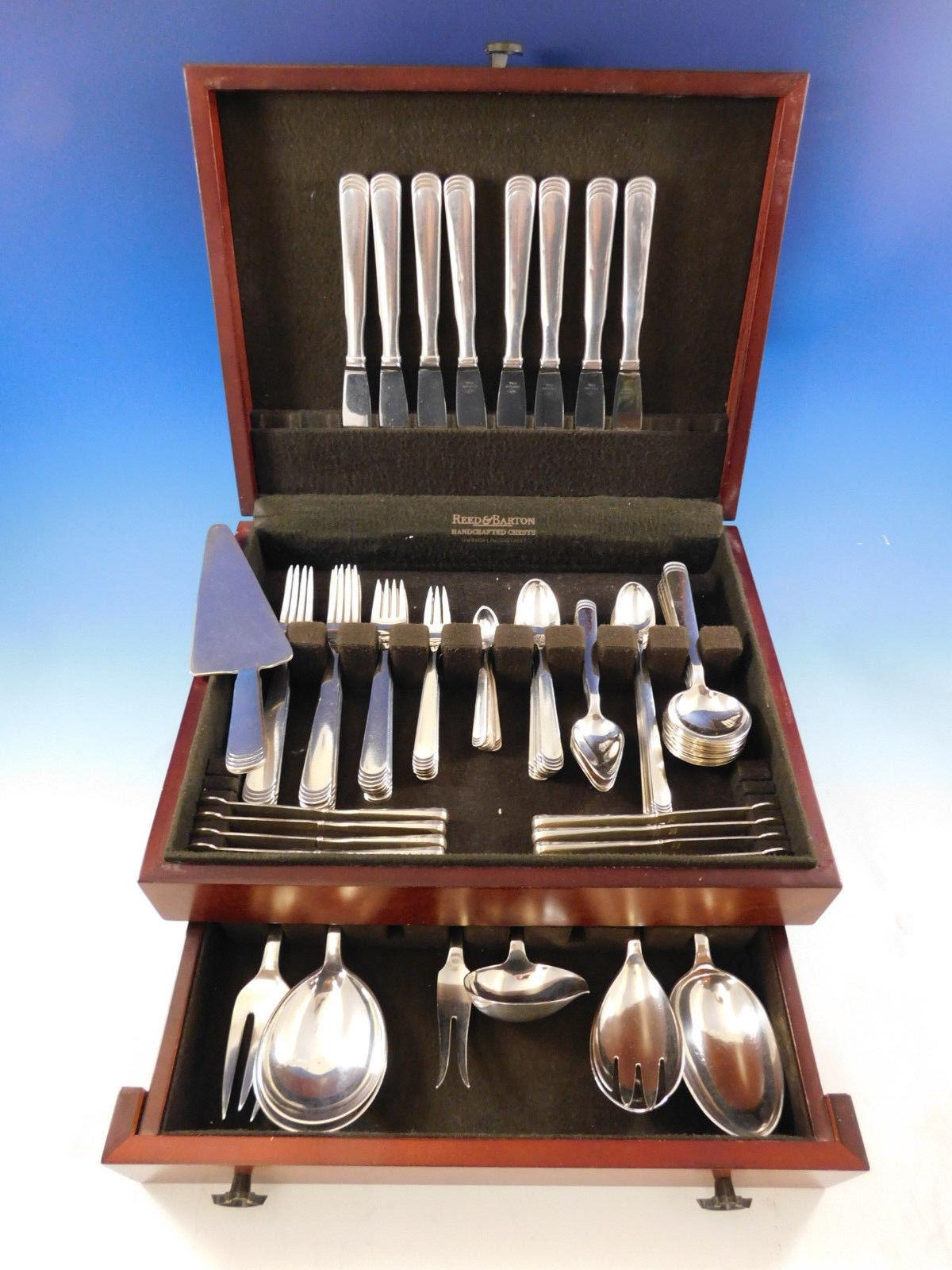 Ripple by Hans Hansen Danish sterling silver flatware set, 84 pieces. This Scandinavian Modern design set includes:

8 dinner knives, long handle, 8 7/8