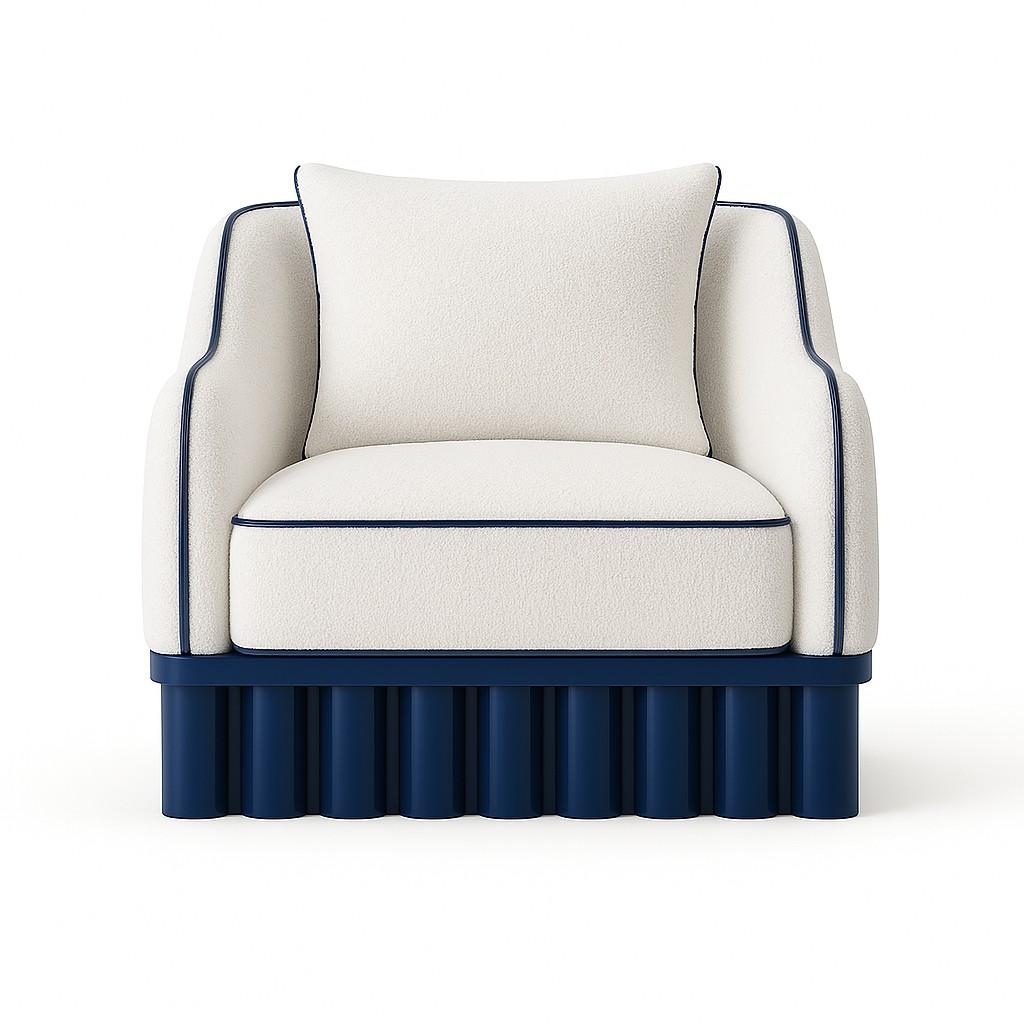 The Ripple Armchair draws from the soft rhythm of water and air, vertical lines echoing ripples, pillars and sculpted silence. Its base anchors the form, while the upholstered seat floats above, creating a composition of balance, breath, and quiet