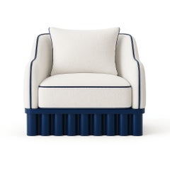 Ripple Curved Armchair – Sculptural Carved Wood Base In Deep Blue Lacquer