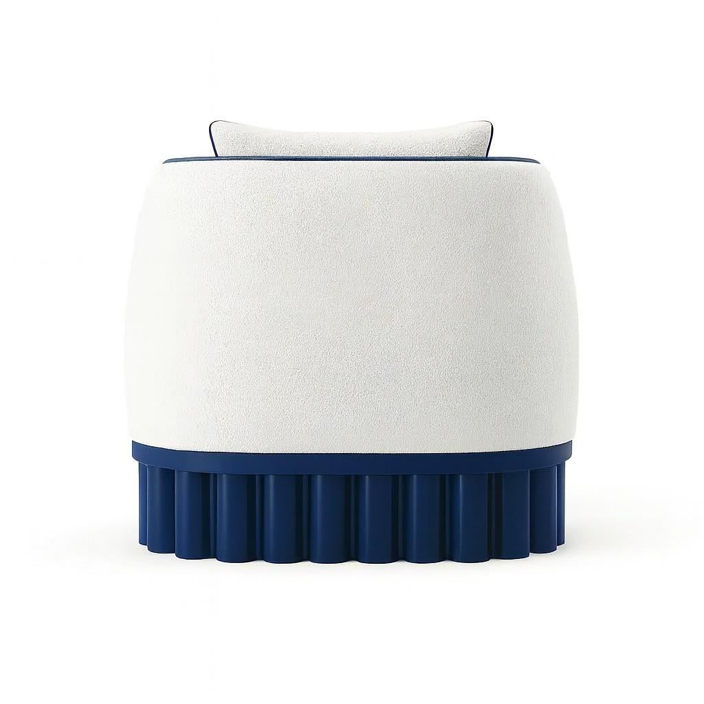 Modern Ripple Curved Armchair – Sculptural Carved Wood Base In Deep Blue Lacquer For Sale
