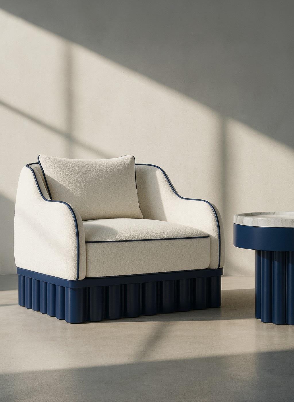 Portuguese Ripple Curved Armchair – Sculptural Carved Wood Base In Deep Blue Lacquer For Sale