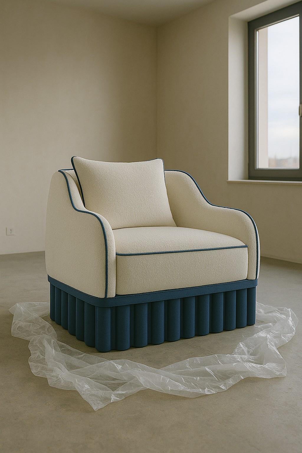 Ripple Curved Armchair – Sculptural Carved Wood Base In Deep Blue Lacquer In New Condition For Sale In NEW YORK, NY