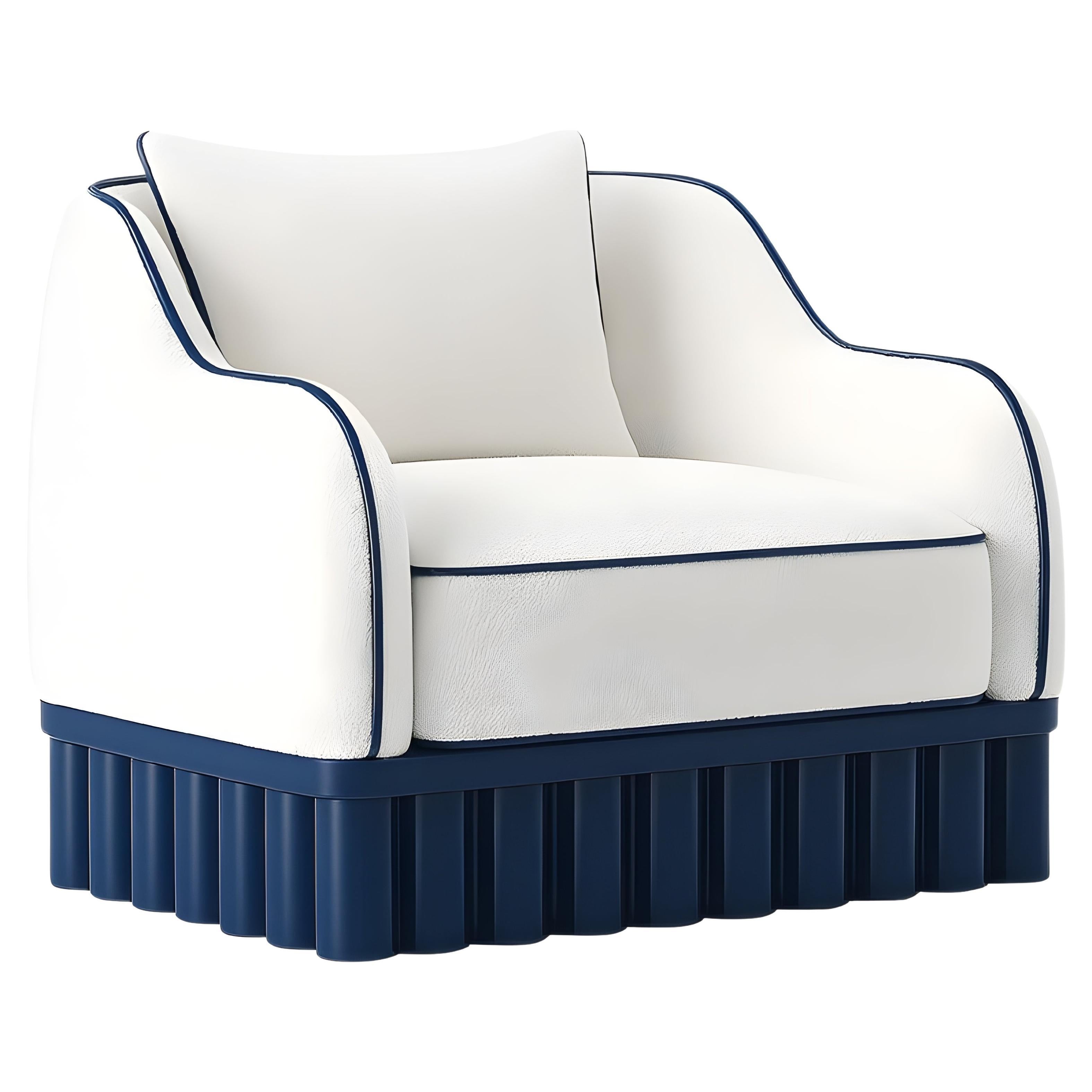 Ripple Curved Armchair – Sculptural Carved Wood Base In Deep Blue Lacquer For Sale