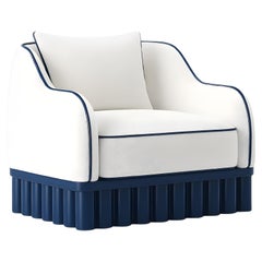 Ripple Curved Armchair – Sculptural Carved Wood Base In Deep Blue Lacquer