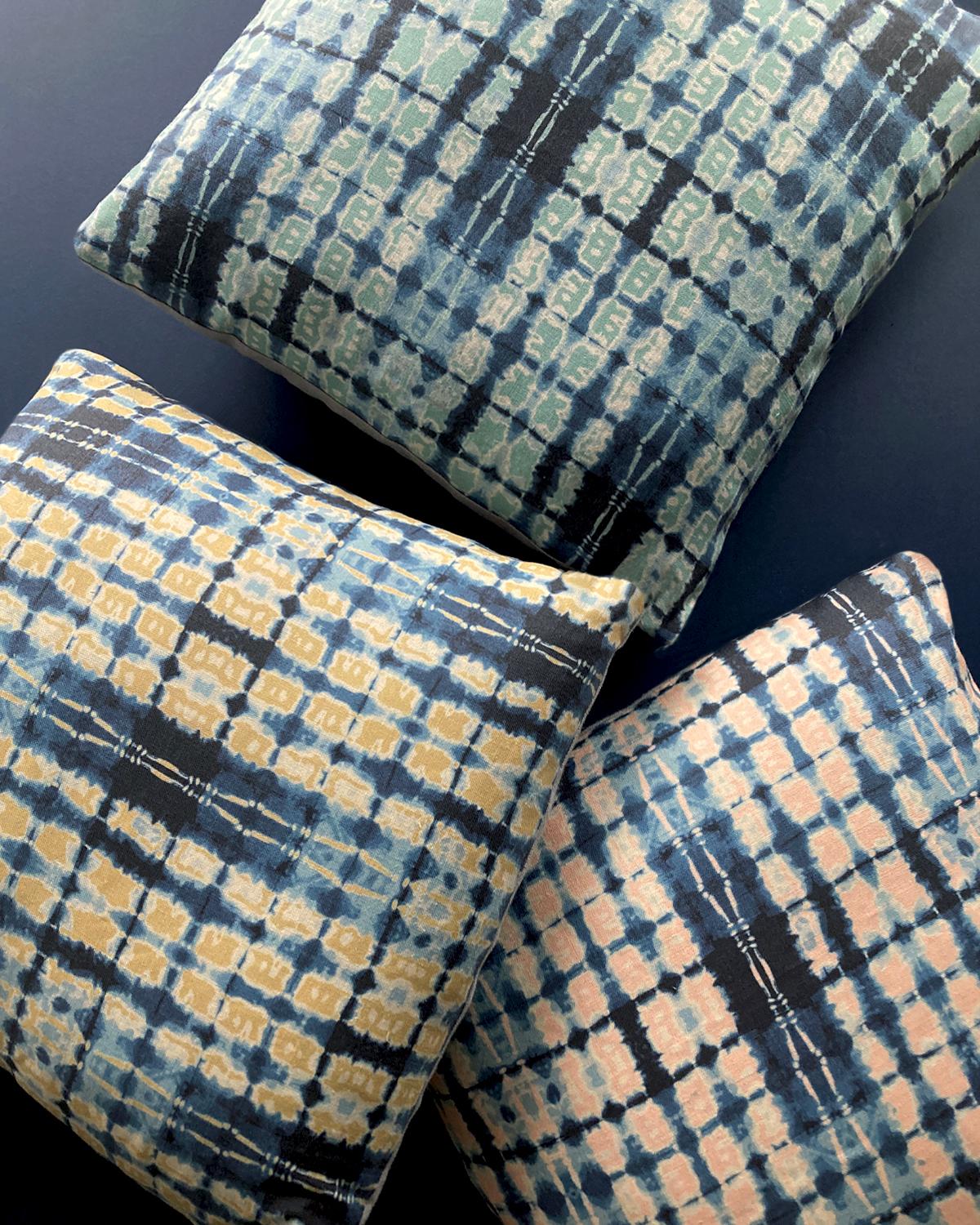 Ripple is our love letter to indigo dye, detailed shapes ripple beautifully throughout the bold pattern, seen here in Gold yellow. Pigment printed on 100% Belgian Linen. Designed in New York City, printed in the US. Available in 4