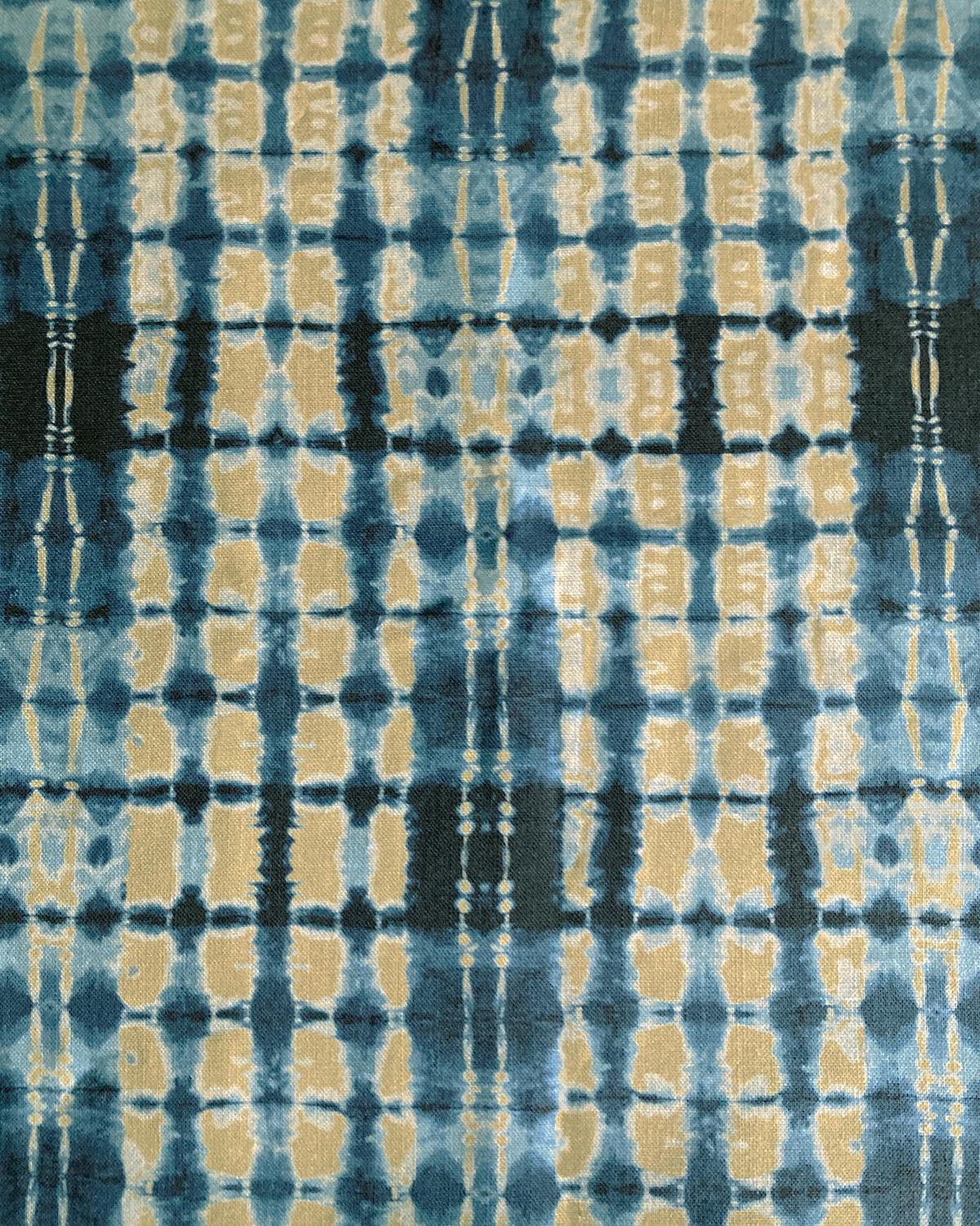 Modern Ripple Fabric in Gold and Indigo, Belgian Linen (Fabric by the Yard) For Sale