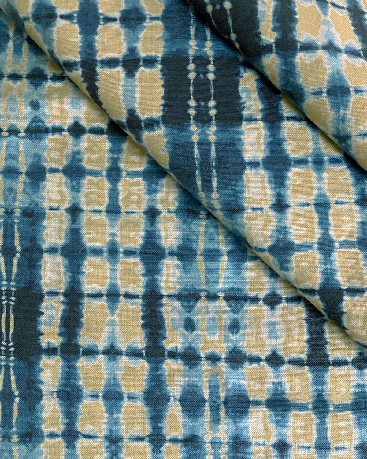 American Ripple Fabric in Gold and Indigo, Belgian Linen (Fabric by the Yard) For Sale