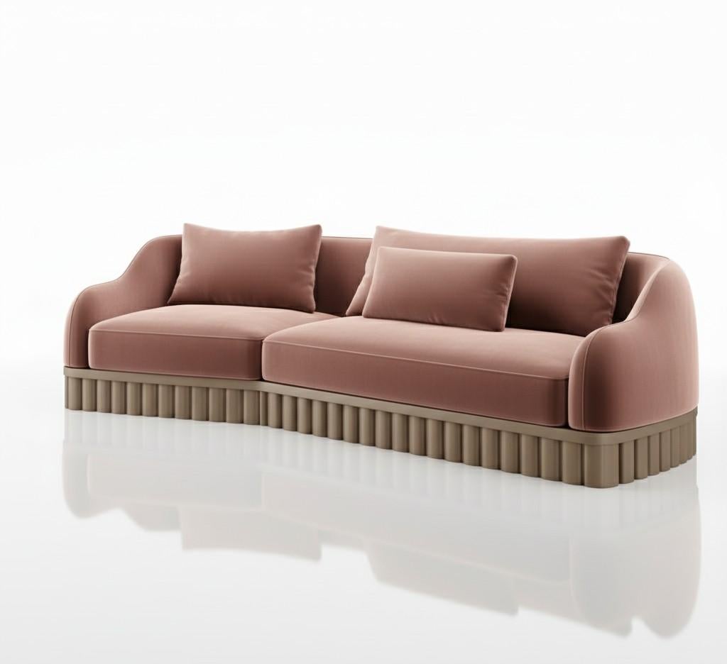 Modern Ripple Sofa – Angular Curved Silhouette with Carved Wood Base-Sidani Design For Sale