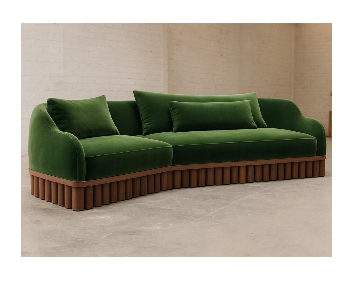 Ripple Sofa – Angular Curved Silhouette with Carved Wood Base-Sidani Design In New Condition For Sale In NEW YORK, NY