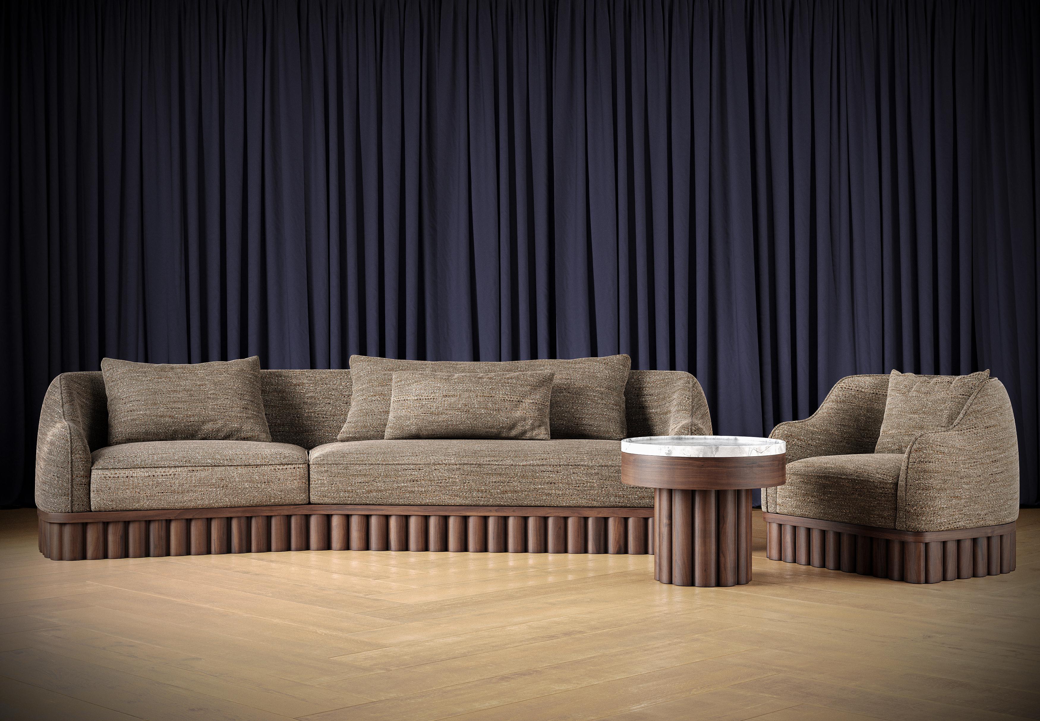 Ripple Sofa – Angular Curved Silhouette with Carved Wood Base-Sidani Design For Sale 1