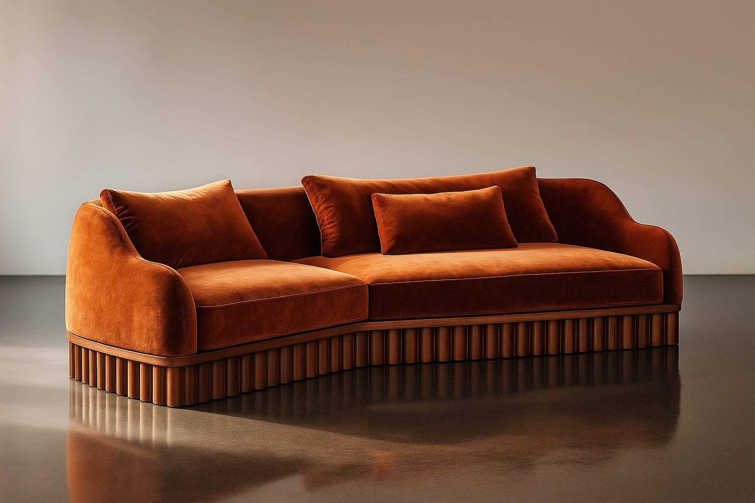 Sofá Ripple - Silueta curva angular con base escultural de madera tallada en venta 3