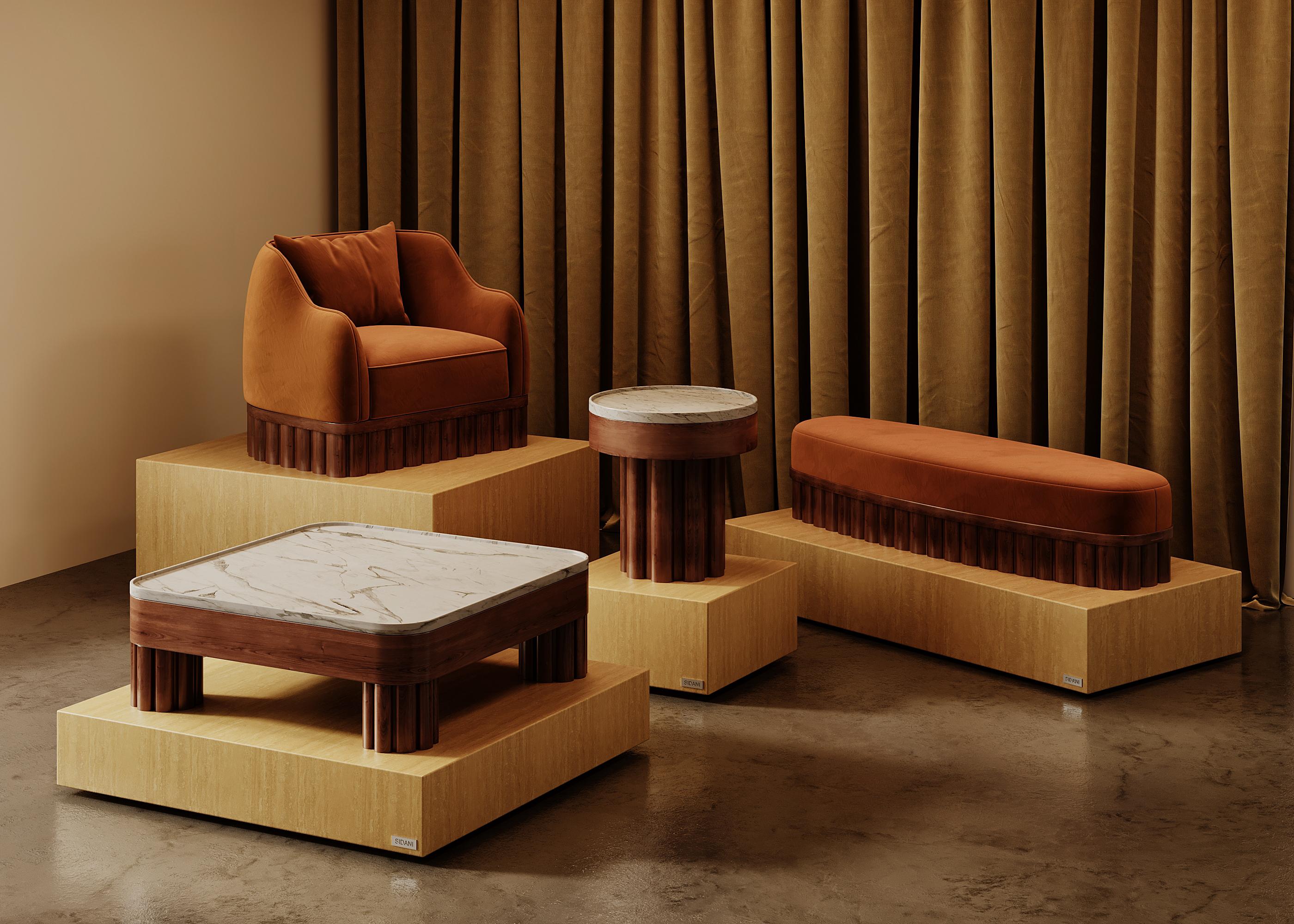 Sofá Ripple - Silueta curva angular con base escultural de madera tallada Portugués en venta
