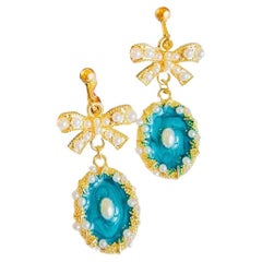 Ripple Turquoise Enamel Oval Eye White Pearls Knot Bow Gold Drop Clip Earrings