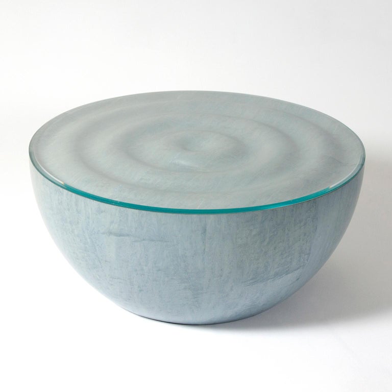 Rippled Coffee Table in Light Blue Bird'sEye Maple with glass top For