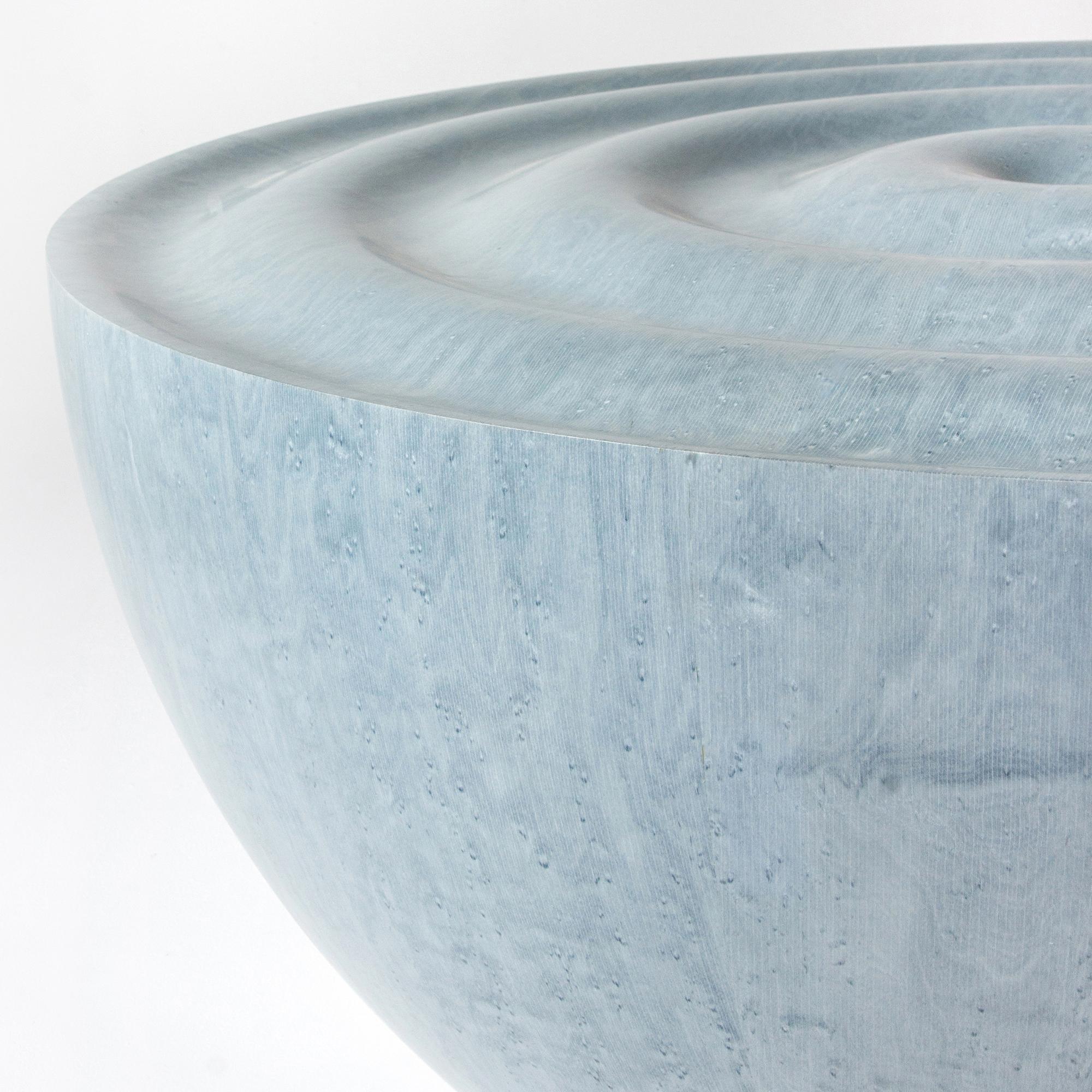 Contemporary Rippled Coffee Table in Light Blue Bird's-Eye Maple with glass top For Sale